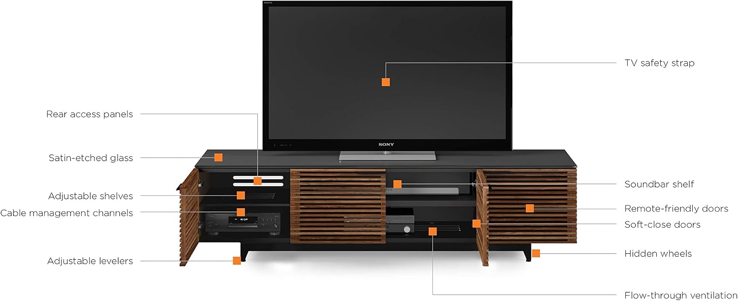 BDI Furniture Corridor 8173-79.25'' TV Stand for TVs up to 85' with Soundbar Shelf, Adjustable Shelves, Cable Management, Ventilation, Tempered Glass Top, Charcoal Stained Ash