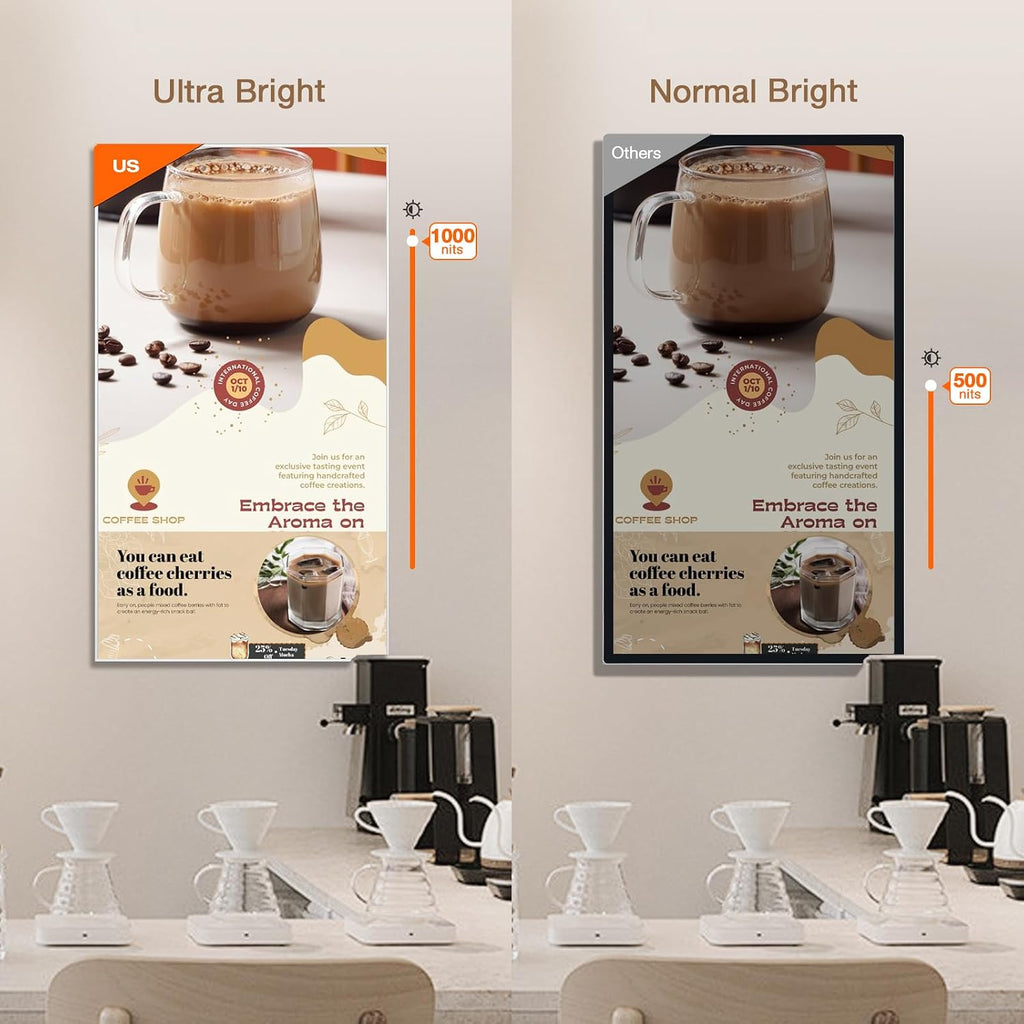 Digital Signage Display 55 inch Wall Mount Digital Menu Board for Restaurants and Stores Advertising Screen 1000 nits Ultra-High Brightness 4K UHD Free Web Content Editor Android 4GB + 32GB