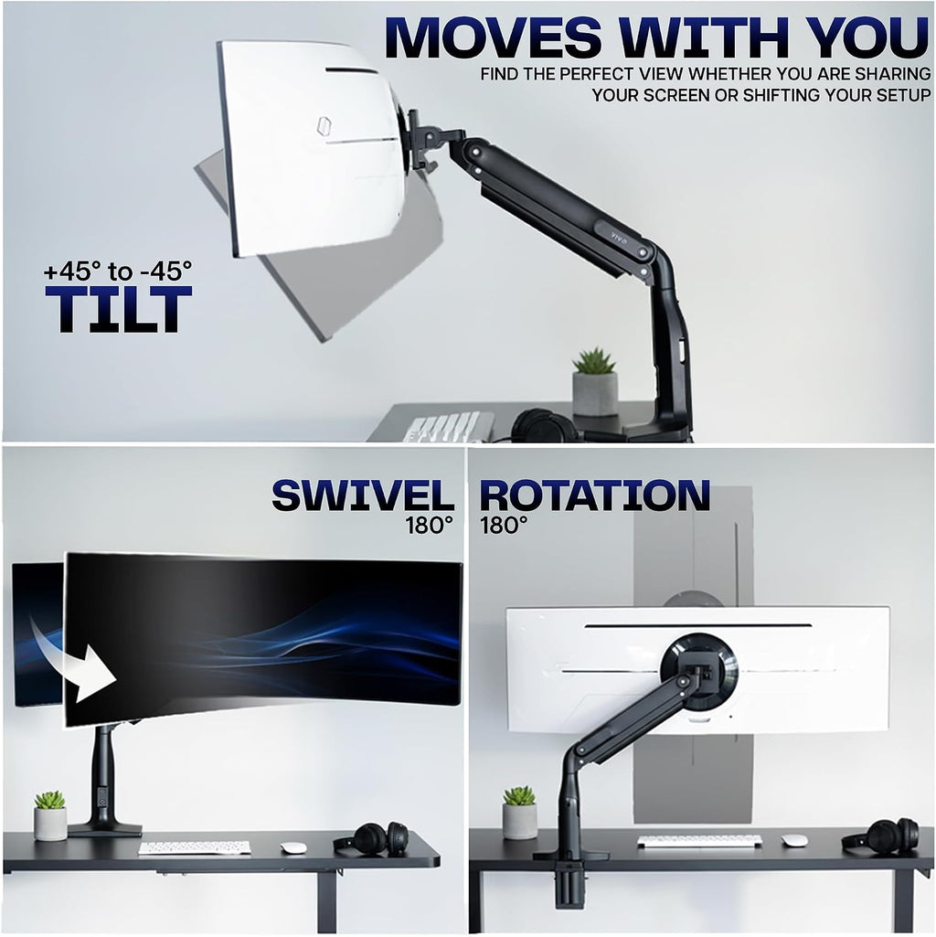 VIVO Aluminum Ultrawide Monitor Stand, Classic + USB, Fits up to 49 inch Screens, Single Articulating Pneumatic Arm, USB Ports, C-Clamp and Grommet Desk Mount, Max VESA 200x100, Black, STAND-V100HU
