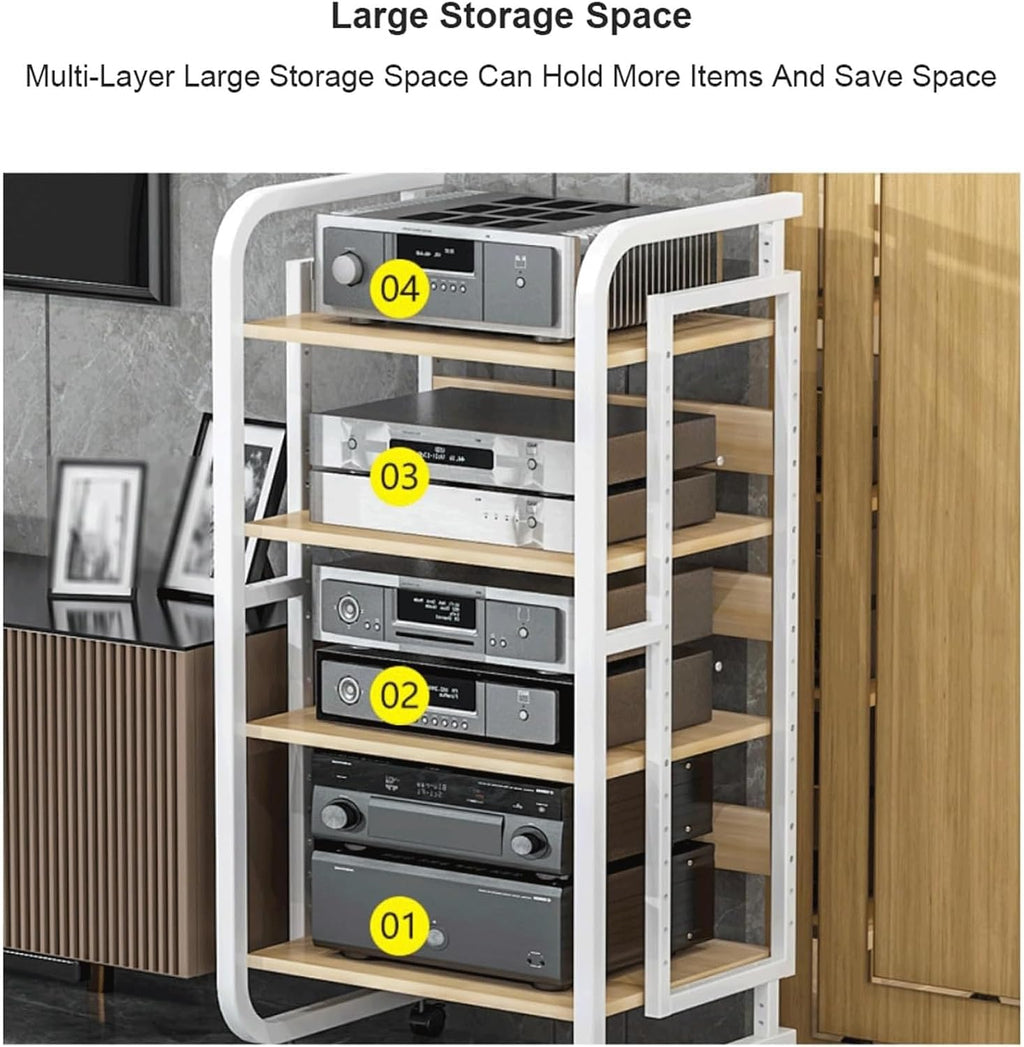 Audio Rack Stereo Rack Adjustable Audio Equipment Rack Audio Open Rack Cabinet Wooden with Wheels HiFi Rack Audio-Video Shelving(Wei�,4 Tier)
