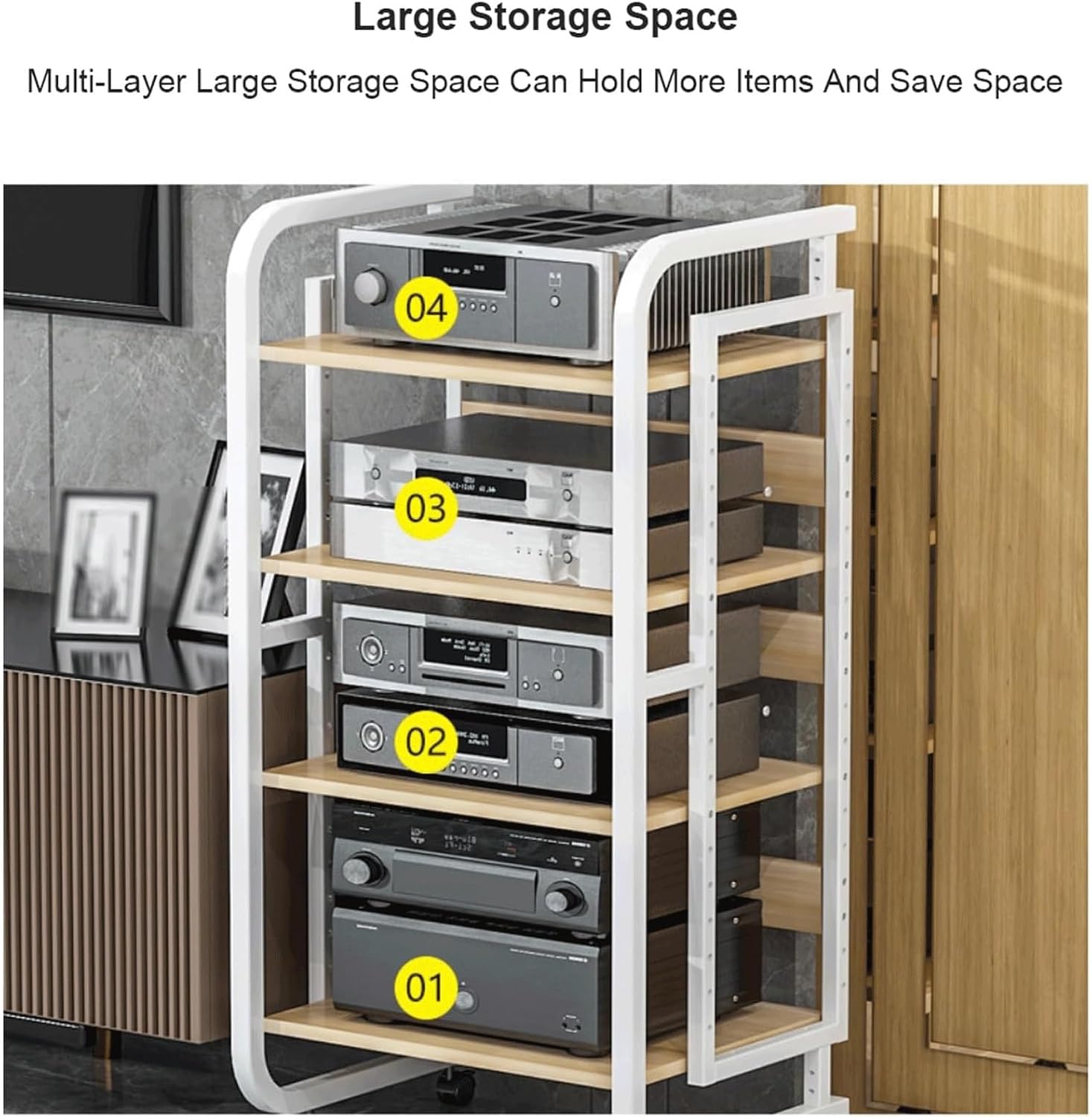 Audio Rack Stereo Rack Adjustable Audio Equipment Rack Audio Open Rack Cabinet Wooden with Wheels HiFi Rack Audio-Video Shelving(Wei�,4 Tier)