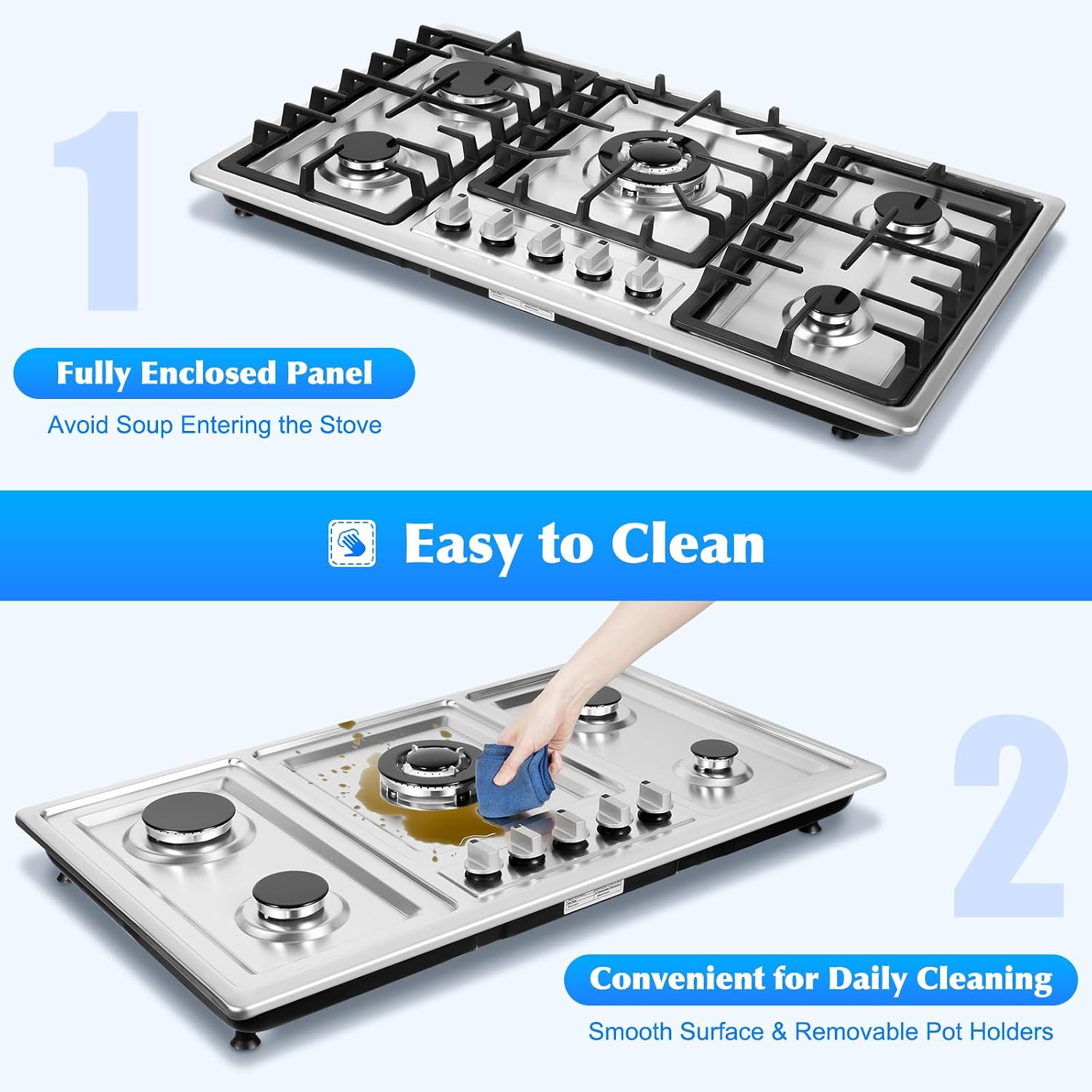 Gas Cooktop, 5 Burner Propane Stove Top, Electronic Pulse Ignition Portable Gas Stove with Push-button Rotary Switch, Built-In Stainless Steel GasCooktop for Homes or Restaurants.