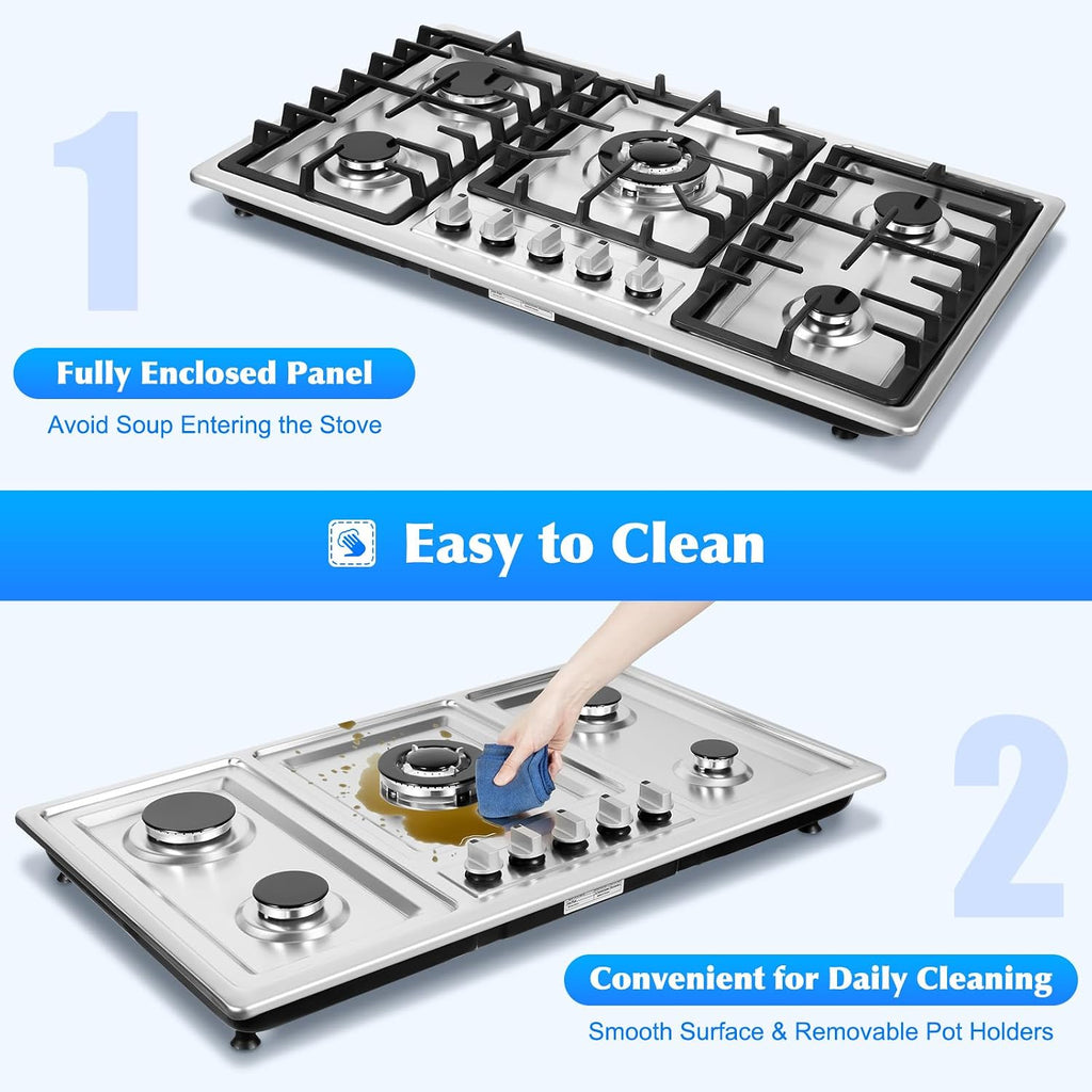 34 Inch Gas Cooktop with 5 Burners, Stainless Steel Gas Cooktop Built-In Gas Stove Top Commercial Home Gas Cooktops