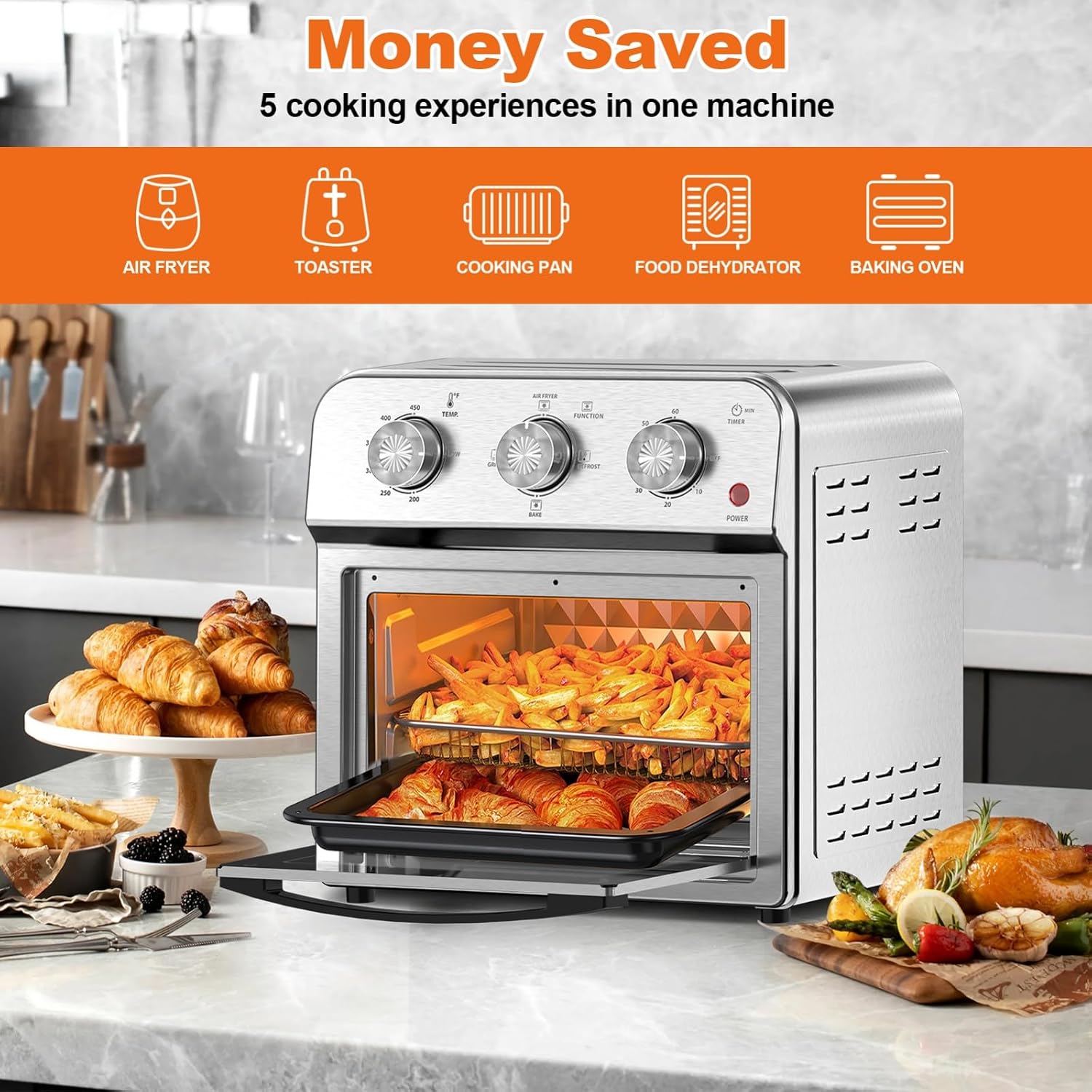 Family Size Air Fryer Toaster Oven Combo,13QT,360° Hot Air Circulation for Healthy Oil-Free Cooking, Multifunctional Convection Contertop Oven, Adjustable Time & Temp Control, Stainless Steel