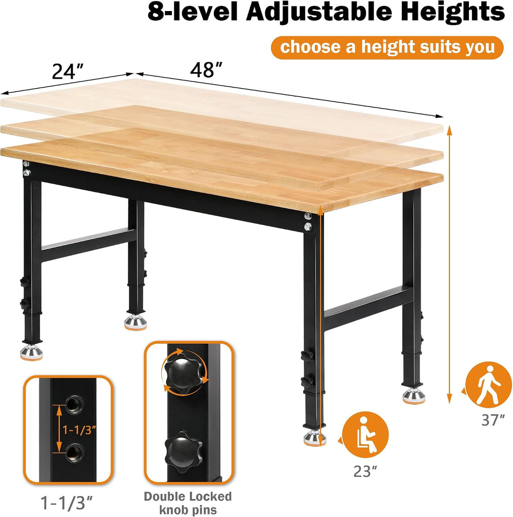 Betterhood 48' Heavy-Duty Adjustable Workbench for Garage, Rubber Wood Shop Table W/Rubber Pads, Hardwood Workstation Weight Capacity Over 2000 Lbs