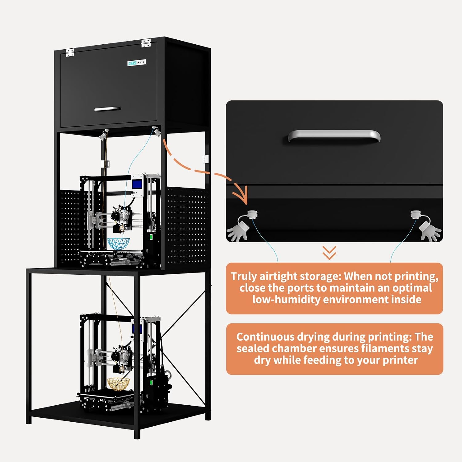 3D Filament Dehumidify Storage 3D Printer Stand | 3-Tier All-in-One Organizer with Built-in Dehumidifier, Dual Spool Holders & Tool Mounts | for Moisture-Sensitive Filament