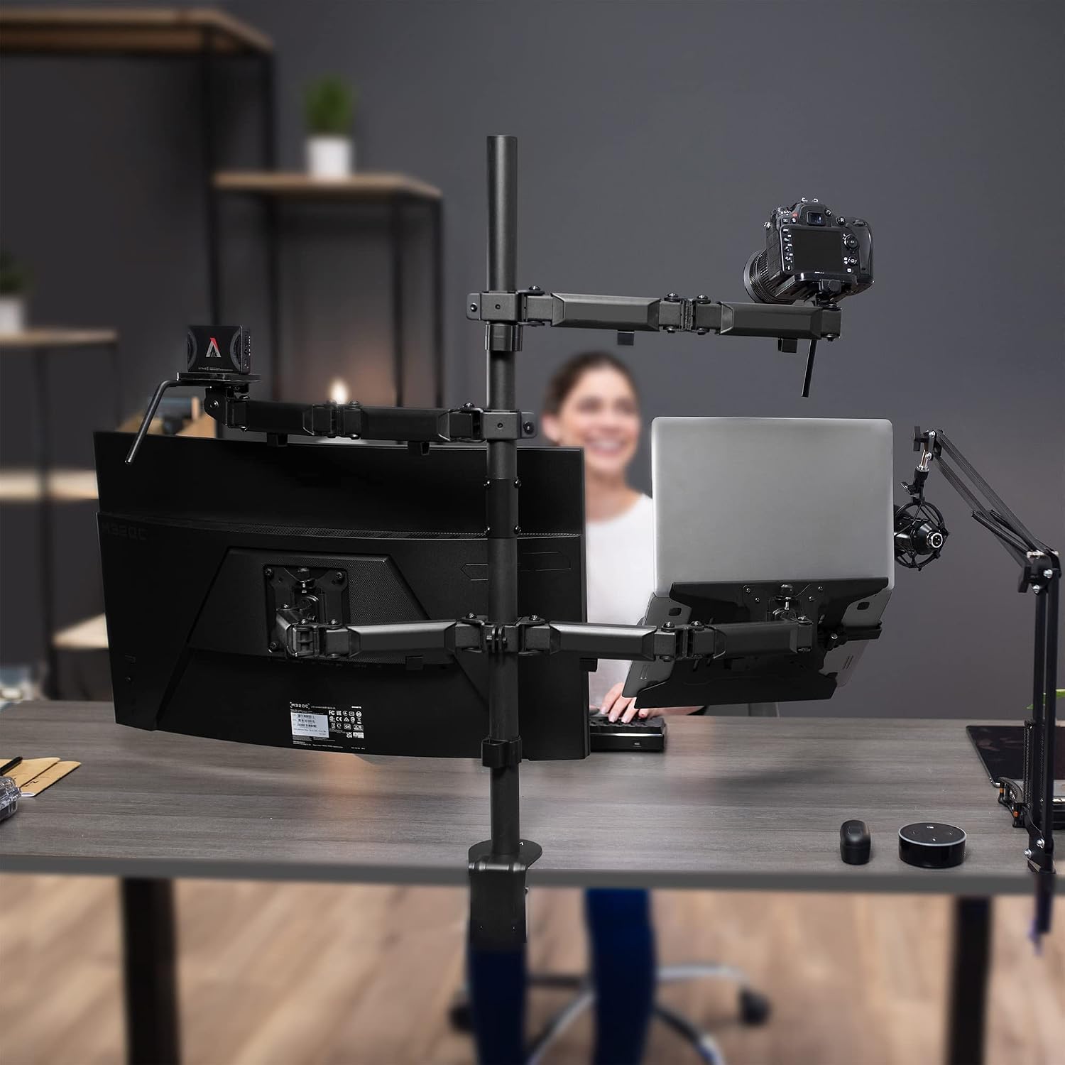 VIVO All-in-One Computer Studio Desk Mount, Mic Boom, Dual Monitor Mount up to 32 inches, Laptop Stand, Livestream Arms Compatible with Cameras, Lighting, Phone/Tablet Adapters, STAND-LIVE2L