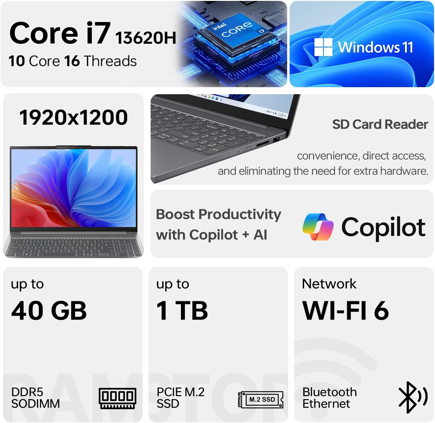 Lenovo IdeaPad Slim 3 Business Laptop, 15.3' FHD+ 1920×1200, Intel Core i7-13620H, 16GB DDR5 RAM, 512GB SSD, Wi-Fi 6, W11P, AI & Copilot Enabled PC, Bundle with PCO Laptop Cooler & Thunderobot Mouse
