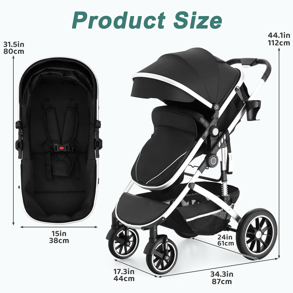 EROMMY 6-in-1 Baby Stroller with Bassinet, Convertible Infant Stroller with Adjustable Backrest & Canopy, Foldable Pushchair with Reversible Seat and Cover for Newborn 0-36 Months (Black)