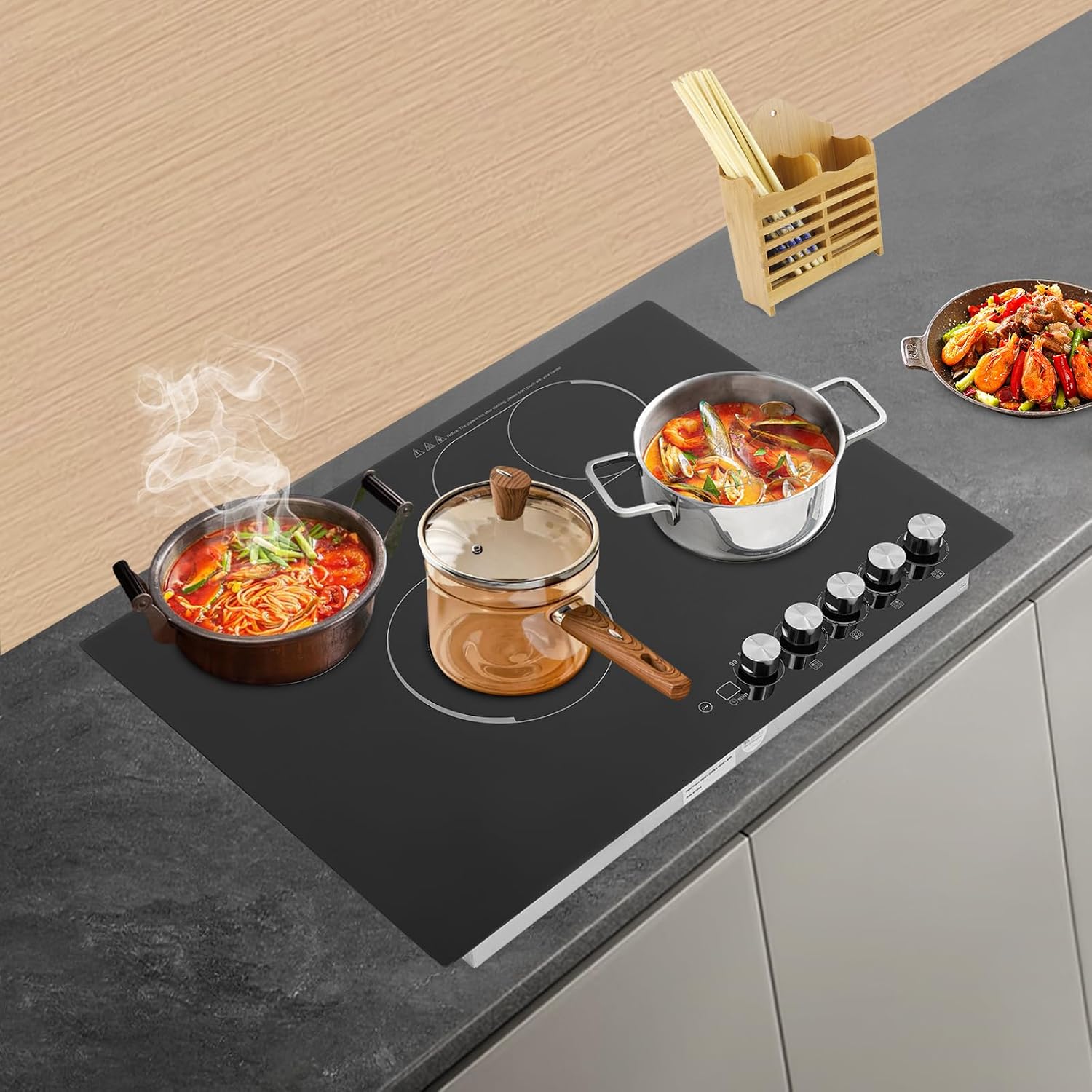 30 Inch Electric Cooktop Built-in Electric Cooktop 4 Burner Stove Top 3700W Electric Ceramic Cooktop with 90Min Timer Ceramic Cook Top 110V Electric Stove 4 Burners with Knob Control, 5 Power Levels