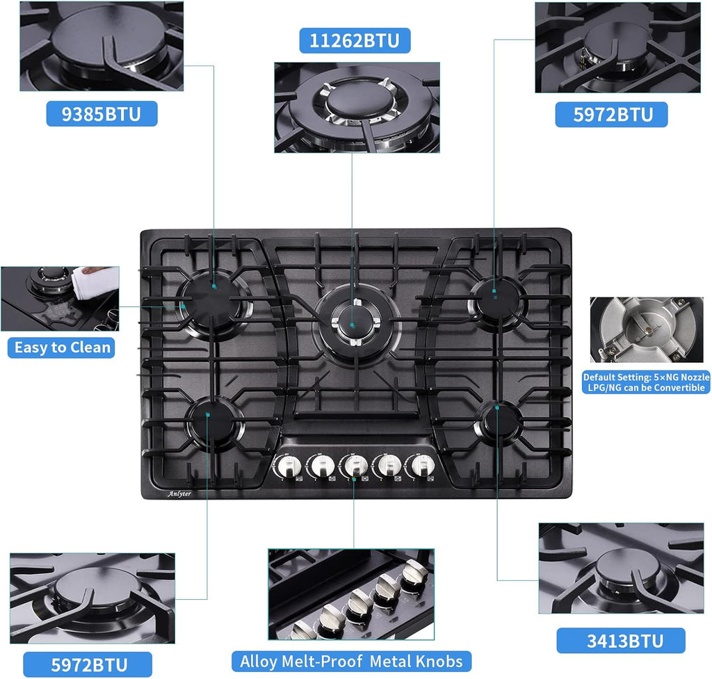 30 Inch Gas Cooktop, 5 Burners Built-in Stovetop, Stainless Steel LPG/NG Convertible Stove, Dual Fuel Sealed Hob - Black
