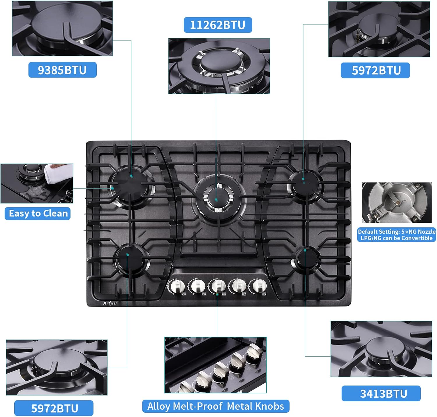 30 Inch Gas Cooktop, 5 Burners Built-in Stovetop, Stainless Steel LPG/NG Convertible Stove, Dual Fuel Sealed Hob - Black