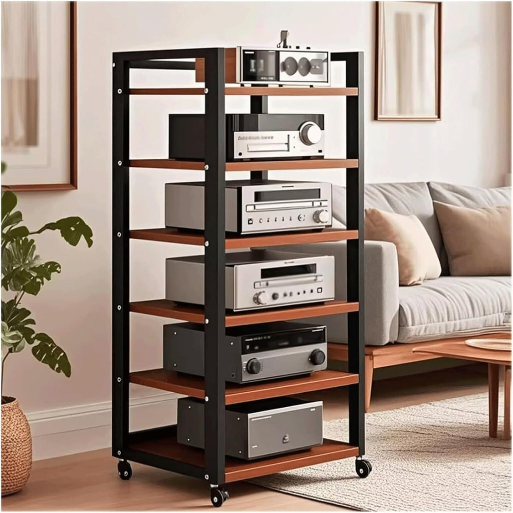Audio Rack 6 Tier Stereo Rack Adjustable Audio Equipment Rack Audio Open HiFi Rack Wooden Movable Audio-Video Shelving with Wheels(Brown)