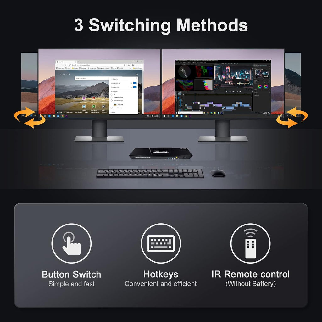 DisplayPort and HDMI KVM Switch 2 Monitors 2 Computers, TESmart 4 Port Dual Monitor KVM Switcher, 4K@60Hz, L/R Out, Keyboard Mouse PC Selector Box with All Input Cables (Black