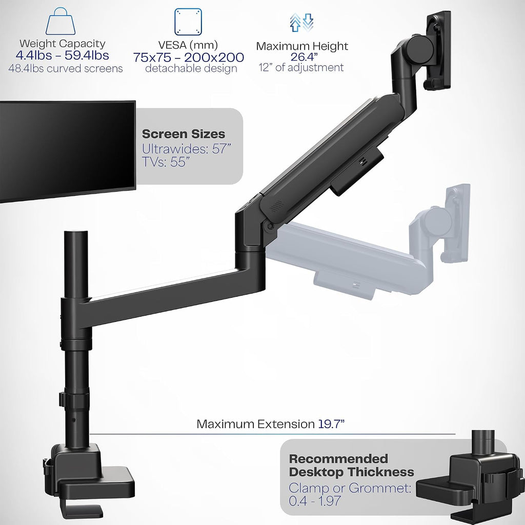 VIVO Heavy Duty Ultrawide Monitor Arm with Pole, 57 inch Screens up to 59.4 lbs, Desk Mount TV and Monitor Stand Designed for Samsung Odyssey Ark, Neo G9, ViewFinity S9, and More, Black, STAND-GT57T