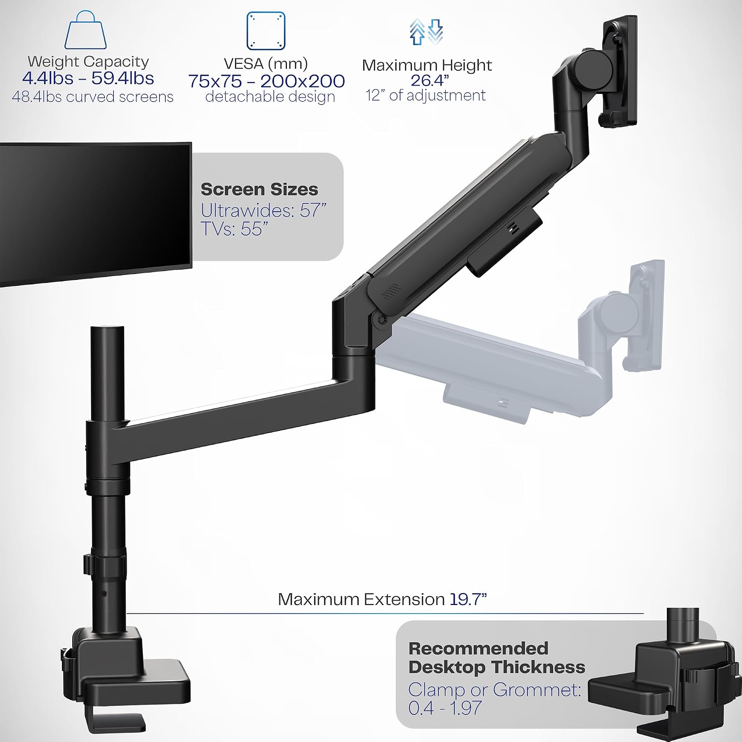 VIVO Heavy Duty Ultrawide Monitor Arm with Pole, 57 inch Screens up to 59.4 lbs, Desk Mount TV and Monitor Stand Designed for Samsung Odyssey Ark, Neo G9, ViewFinity S9, and More, Black, STAND-GT57T