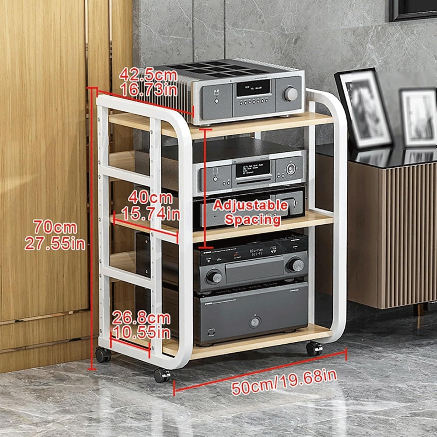 Audio Rack Stereo Rack Adjustable Audio Equipment Rack Audio Open Rack Cabinet Wooden with Wheels HiFi Rack Audio-Video Shelving(Wei�,3 Tier)