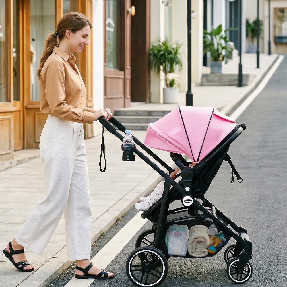 INFANS 2 in 1 Baby Stroller, High Landscape Infant Stroller & Reversible Bassinet Pram, Foldable Pushchair with Adjustable Canopy, Storage Basket, Cup Holder, Suspension Wheels (Pink)