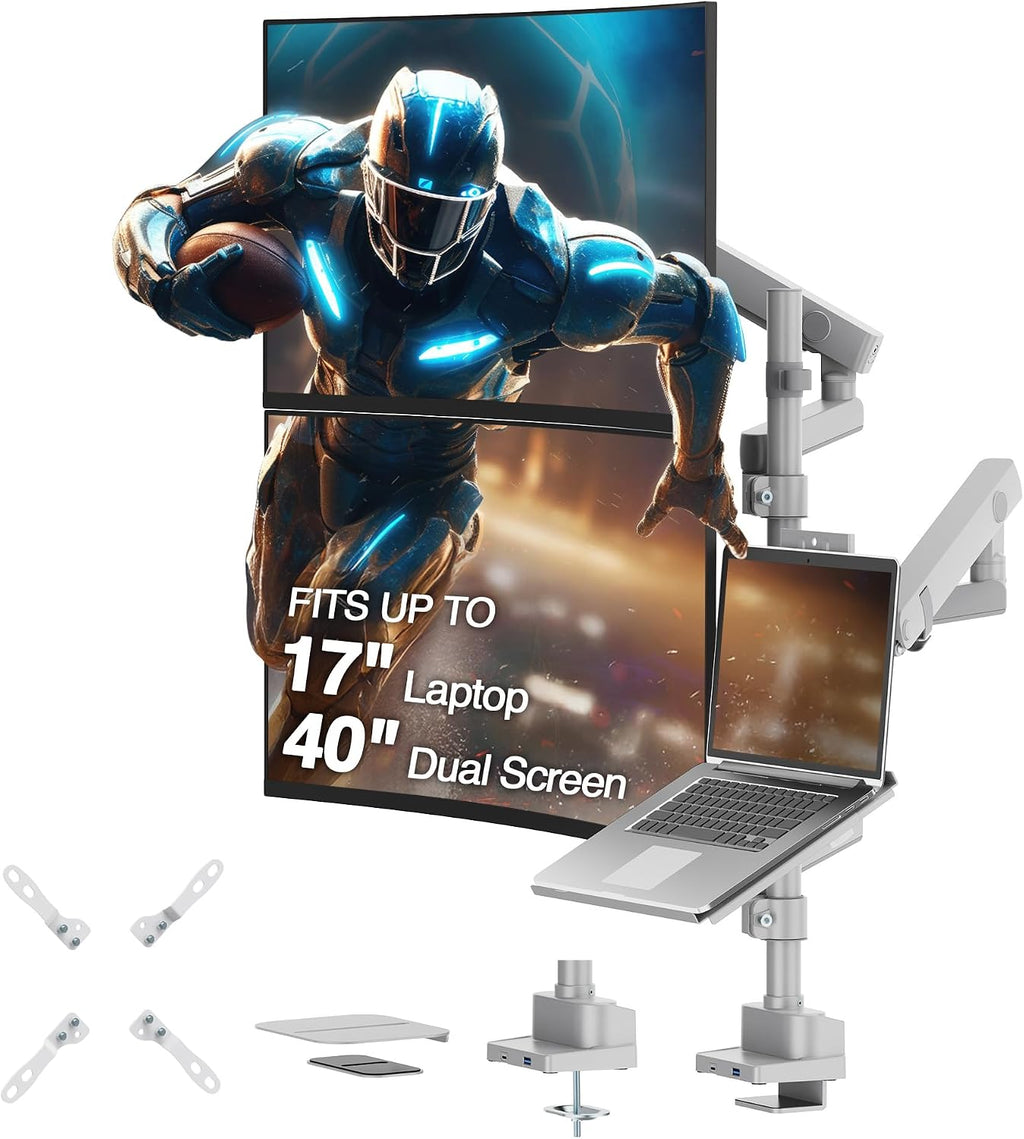 AVLT Laptop & Dual 40 Inch Stacking Monitor Arm Pole Top Mount with USB-C, A Ports - Gray, Supports 26.4 lbs (12kg), Ultrawide Screen Fit, VESA Compatible, Multi-Screens, Ergonomic Workspace Upgrade