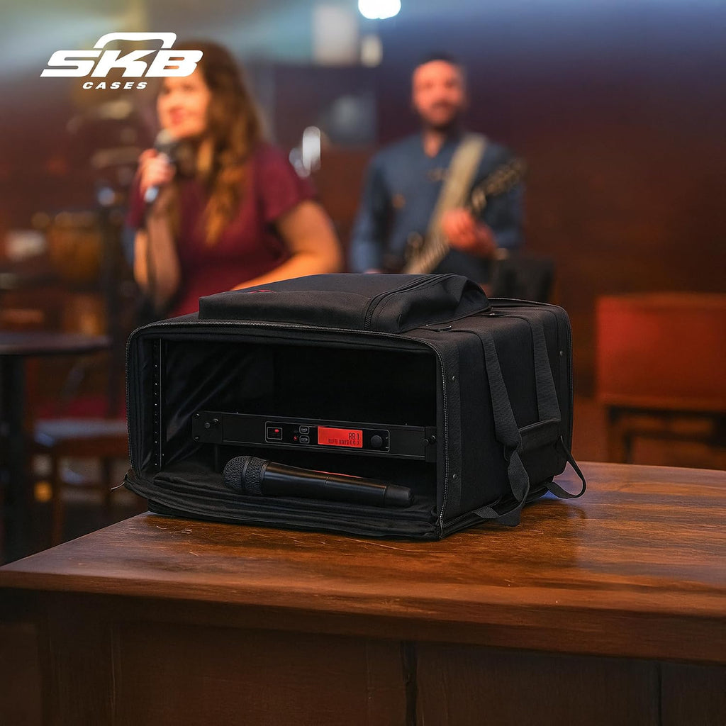 SKB Cases 4U Soft Rack Case for Wireless Microphone Systems with Steel Rails, Heavy Duty Zippers, Outer Pocket and Shoulder Straps, Black