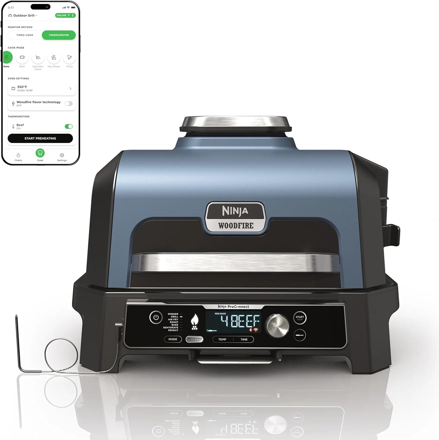 Ninja OG951 Woodfire Pro Connect Premium XL Outdoor Grill & Smoker, Bluetooth, App Enabled, 7-in-1 Master Grill, BBQ Smoker, Outdoor Air Fryer, Woodfire Technology, 2 Built-In Thermometers, Black/Blue