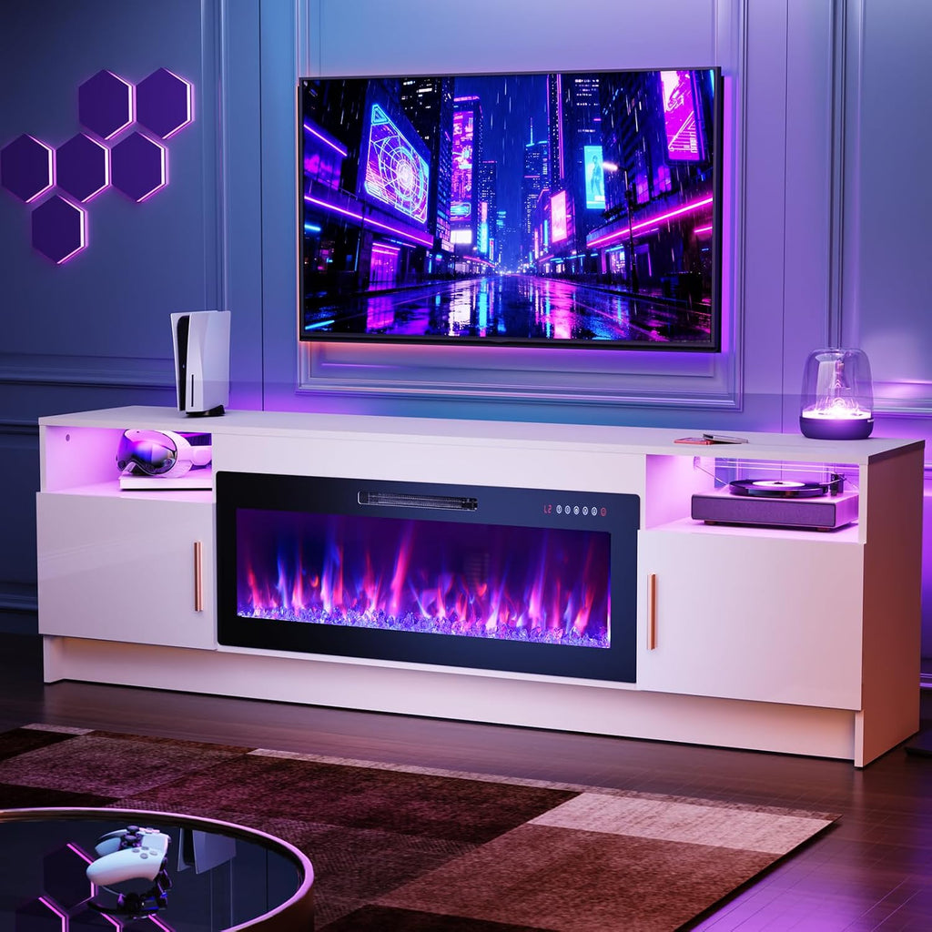 EAG 70 Inche Fireplace TV Stand for TVs up to 80 Inches with 36' Electric Fireplace, Modern Entertainment Center with Glass Shelves, LED Lights, Media TV Console for Living Room, White