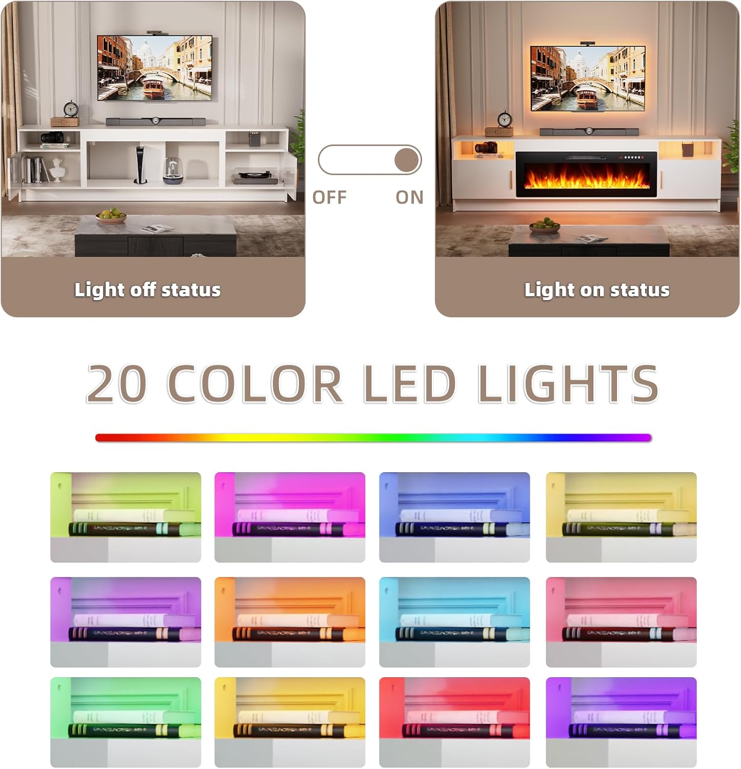 EAG 80' Electric Fireplace TV Stand with 42 inch Fireplace Up to 90' TVs, Entertainment Center with with Storage Cabinet & LED Lights, Modern Media Console for Living Room, White