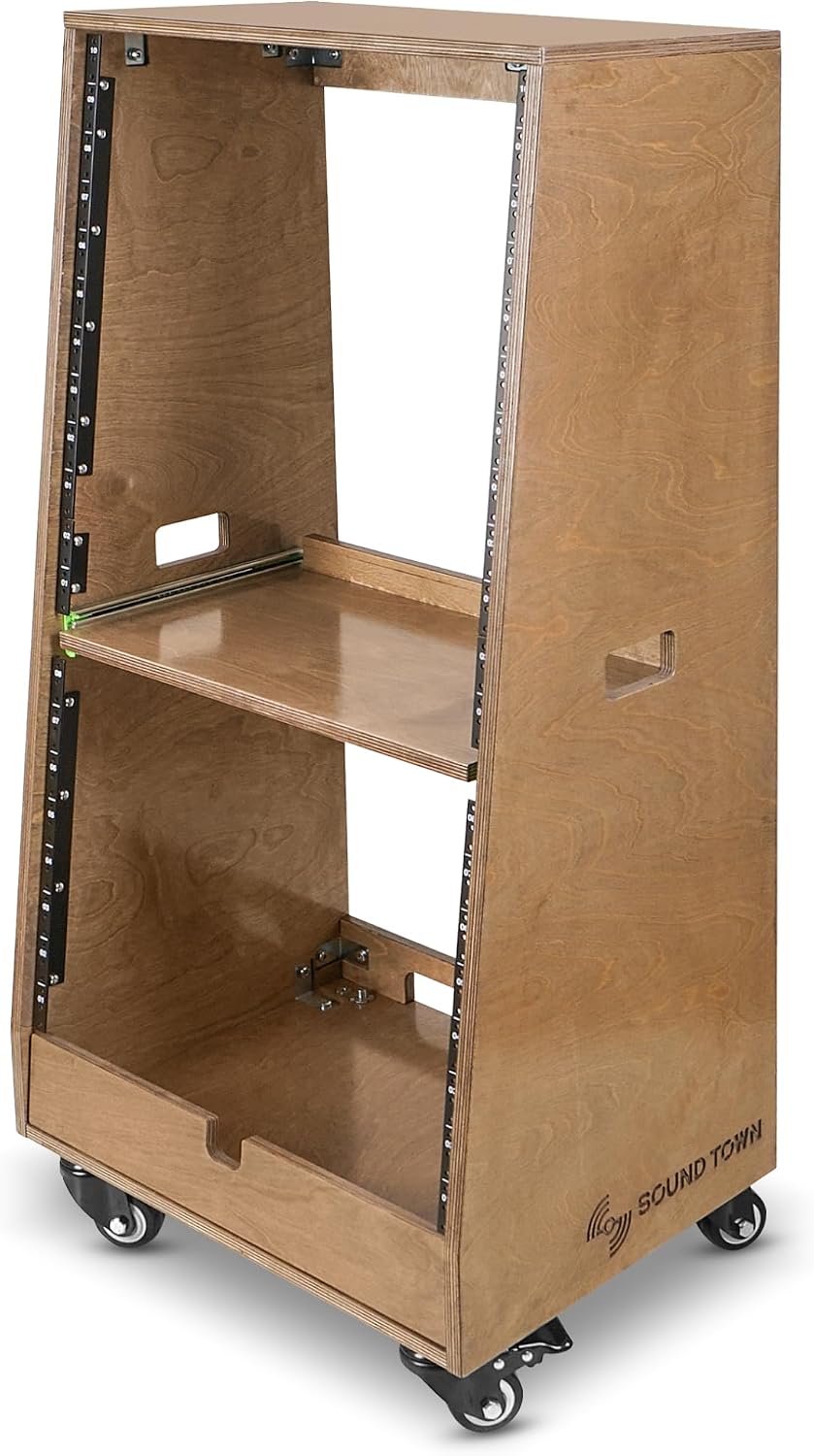Sound Town DIY Slanted 20U Studio Rack (12U Top + 8U Lower), with 2U Bottom Storage, Slide-Out Tray, Caster, Plywood, Weathered Brown for Recording Room, Home Studio (SDRK-ST20TB)