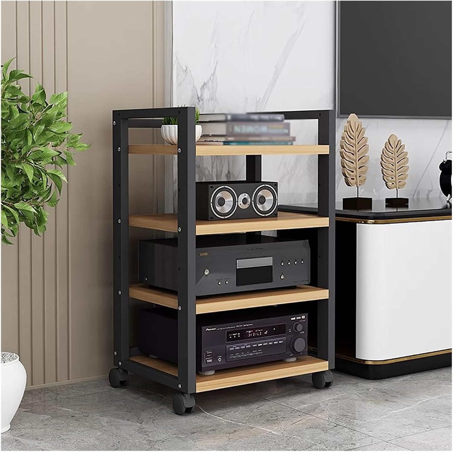 Audio Component Rack Media Stereo Stand Equipment Shelf 3 4 5 Tier, Free Standing Heavy Duty Media Storage Stands on Wheels, Commercial Home（Black-#2-4 layer）