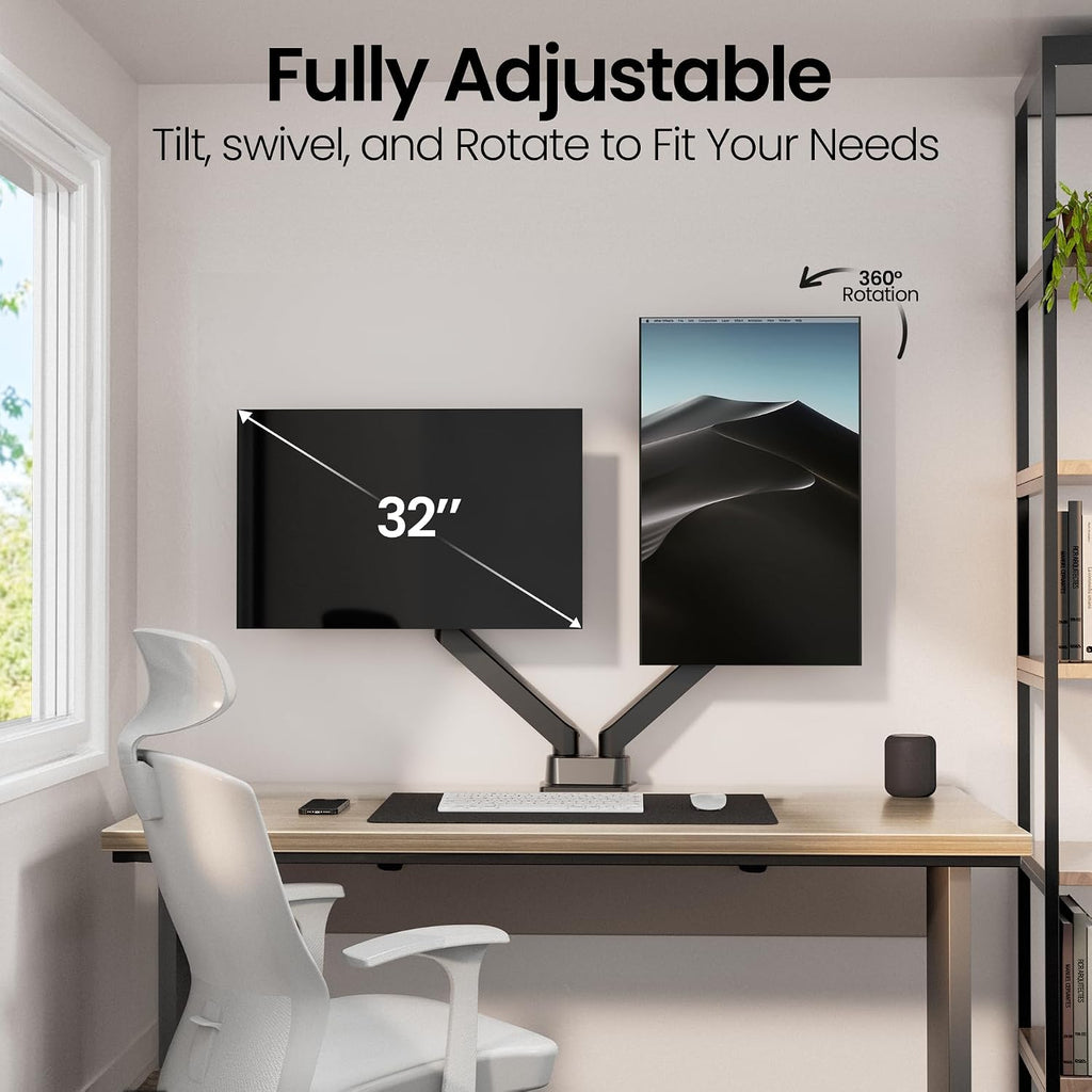 EVEO Premium Dual Monitor Mount 14'-32' Dual Monitor Arm VESA Bracket Adjustable Height Gas Spring Dual Monitor Stand, Screen Full Motion Dual Monitor Arm-Computer Monitor Stand for 2 Screens - Black