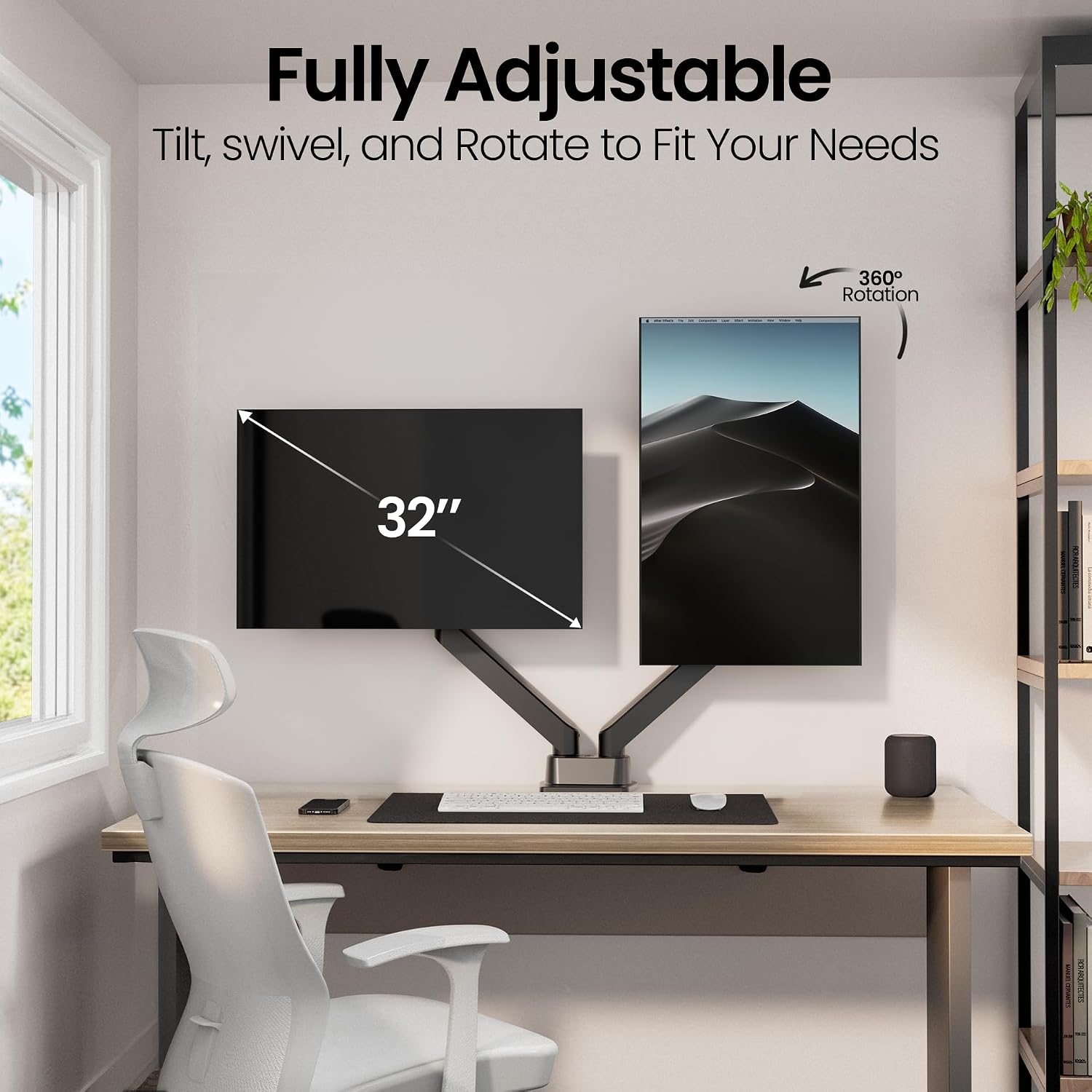 EVEO Premium Dual Monitor Mount 14'-32' Dual Monitor Arm VESA Bracket Adjustable Height Gas Spring Dual Monitor Stand, Screen Full Motion Dual Monitor Arm-Computer Monitor Stand for 2 Screens - Black