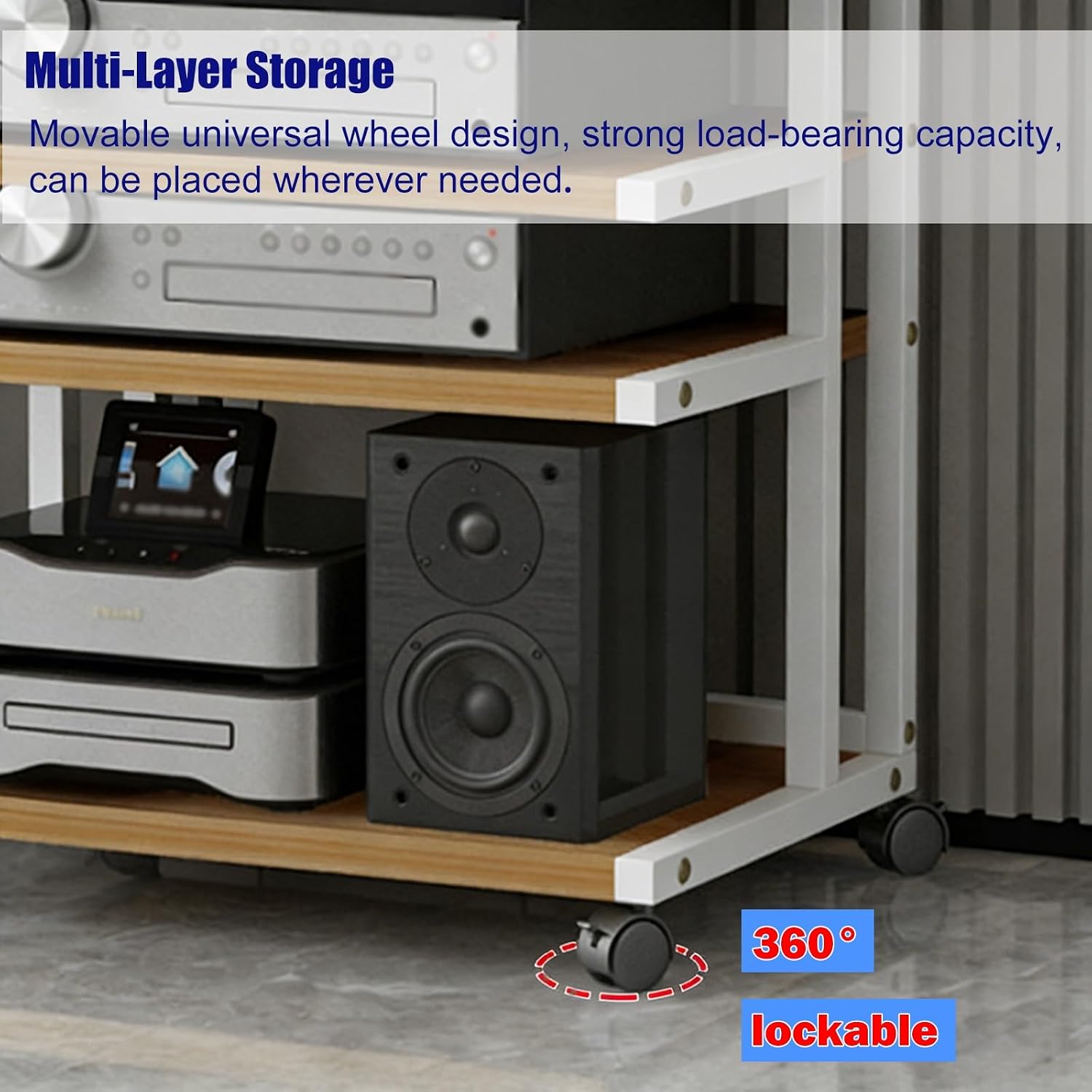 YLLFFLL Heavy Duty Av Media Stands 2 3 4 5 Tier Monolith for Corner, Audio Component Rack Tower Stereo Stand Equipment Shelf with Casters, HiFi Cabinet Unit(2 Layer)