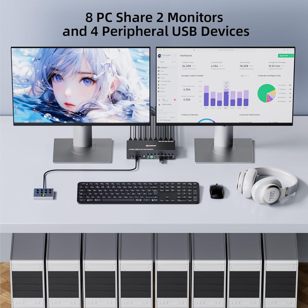 8 Port HDMI Displayport KVM Switch 2 Monitors 8 Computers 4K@60Hz EDID Simulation,8 PC Dual Monitor KVM Switch with 4 USB 3.0 Ports,Audio,RS232,with Wired Remote,12V Power Adapter and 8 USB Cable