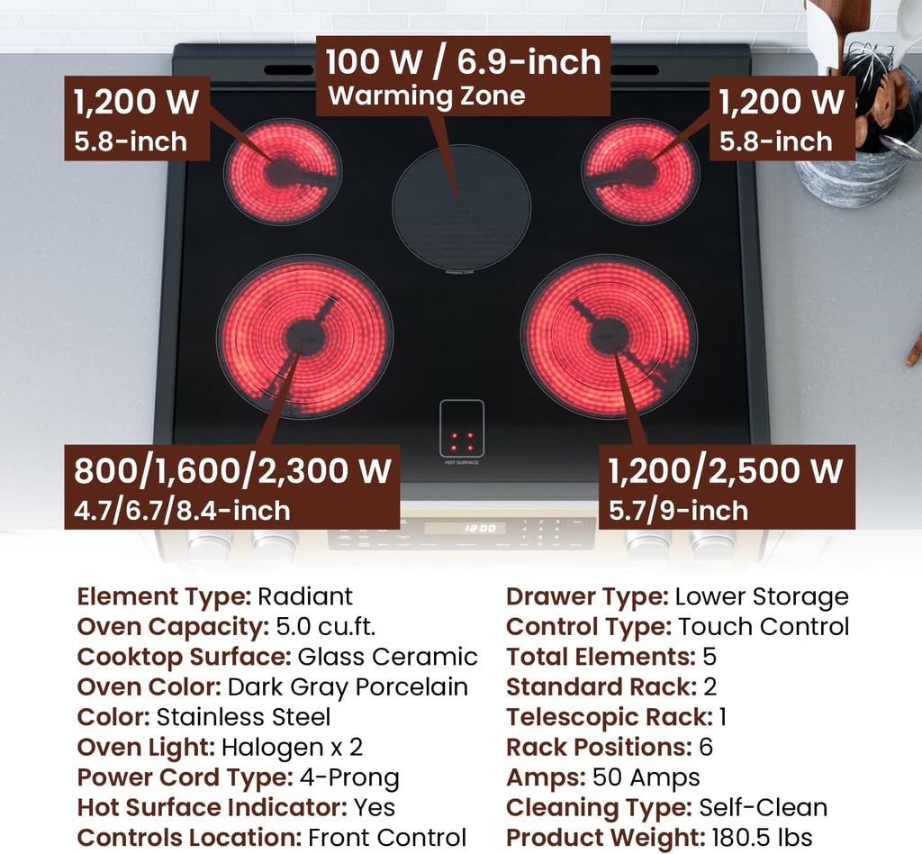 Rangaire RRE303GS 30' Glass Touch Electric Range Oven - Stainless Steel, Infrared Stove Burners, True Convection, Self Cleaning, Easy Reach Racks