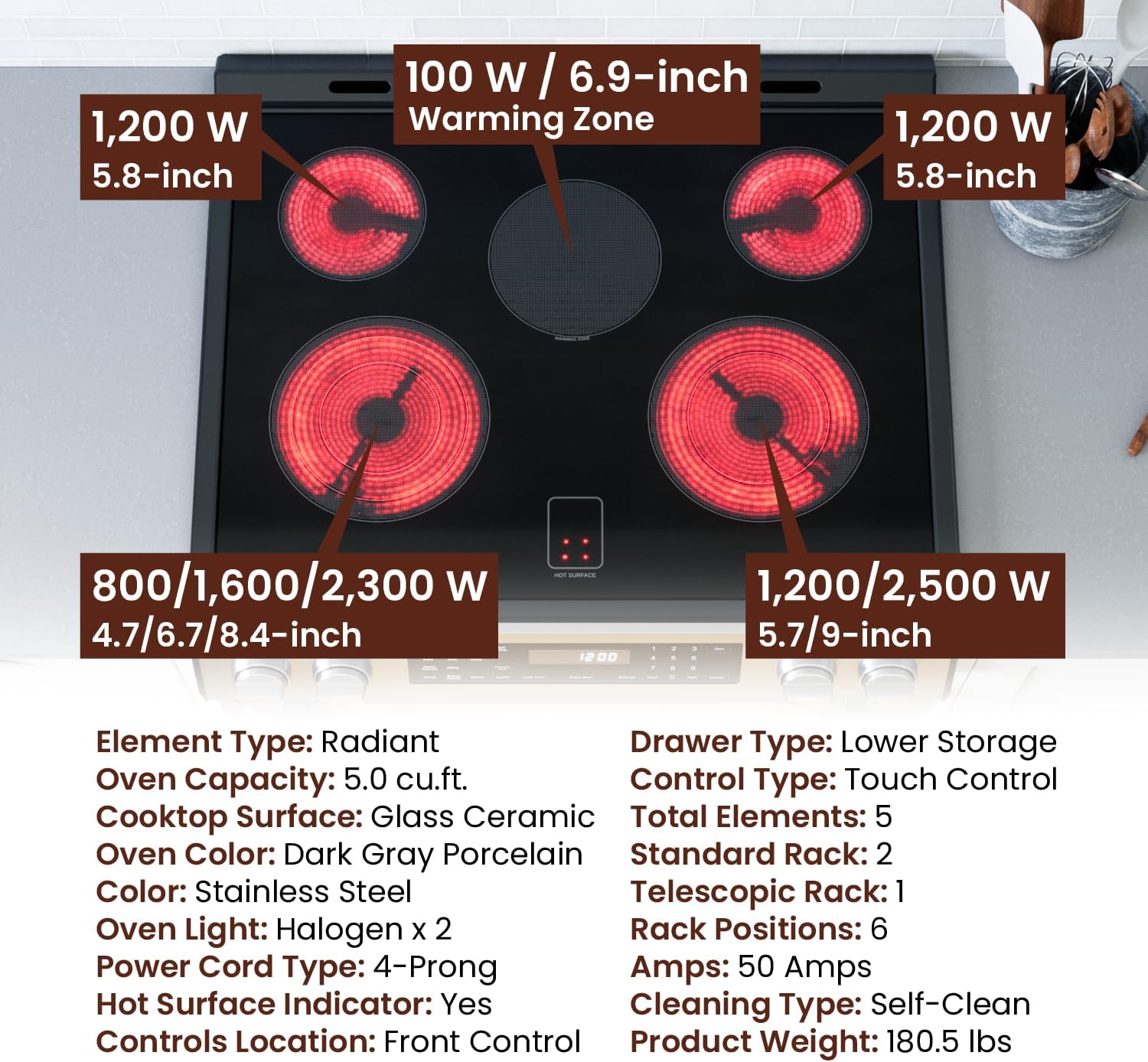 Rangaire RRE303GS 30' Glass Touch Electric Range Oven - Stainless Steel, Infrared Stove Burners, True Convection, Self Cleaning, Easy Reach Racks