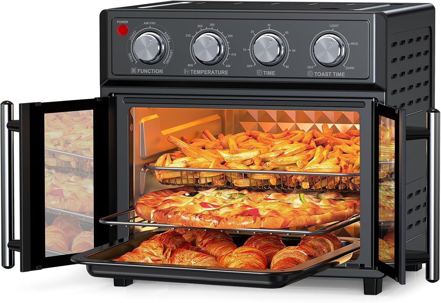 PlumChef 27.5 Quart Extra Large 6 Slices Air Fryer Convection Toaster Oven, French Door, 1700W, Multifunction Oven for Air Fryer, Toast, Grill, Defrost, Bake (Black)