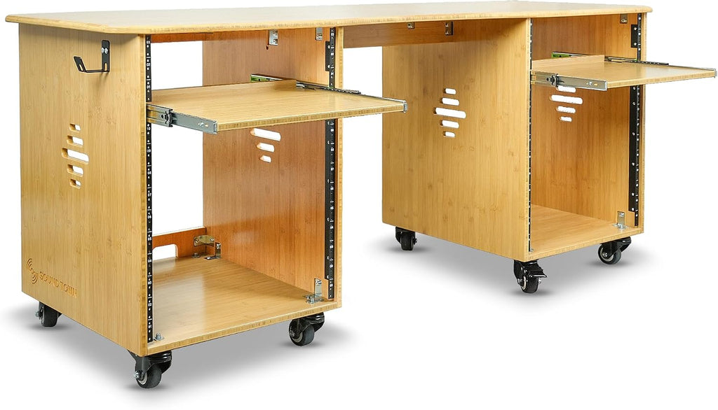 Sound Town Studio Desk Workstation with Dual 13U Side Rack Cabinets, Slide-Out Trays, Casters, for Recording Rooms and Home, Solid Carbonized Bamboo (SDRK-WS69CB)