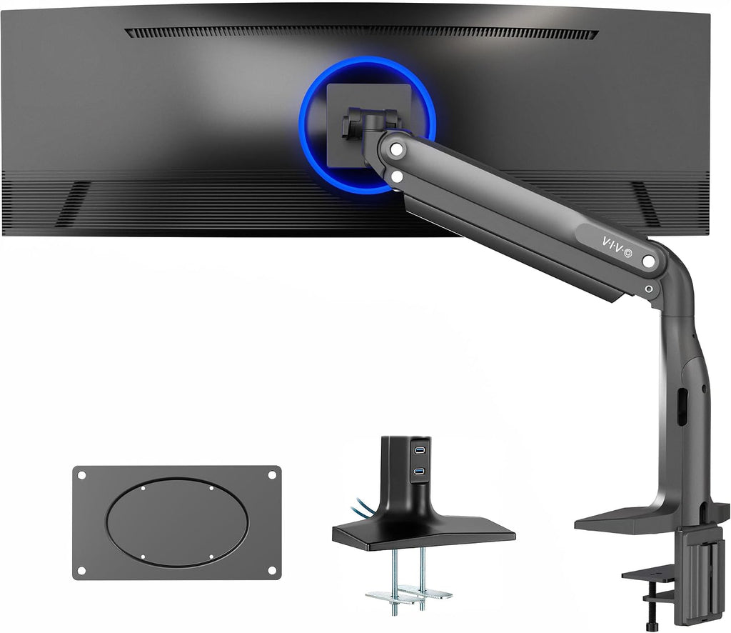 VIVO Aluminum Ultrawide Monitor Stand, Classic + USB, Fits up to 49 inch Screens, Single Articulating Pneumatic Arm, USB Ports, C-Clamp and Grommet Desk Mount, Max VESA 200x100, Black, STAND-V100HU