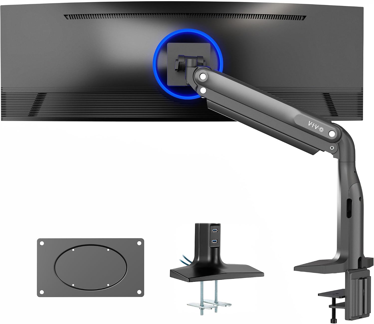VIVO Aluminum Ultrawide Monitor Stand, Classic + USB, Fits up to 49 inch Screens, Single Articulating Pneumatic Arm, USB Ports, C-Clamp and Grommet Desk Mount, Max VESA 200x100, Black, STAND-V100HU