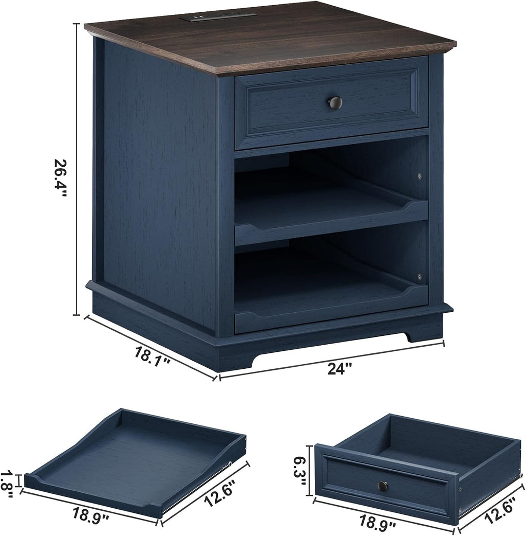REDAYFUR Lateral File Cabinet 3 Drawer File Cabinet with Charging Station, Printer Stand with Open Adjustable Storage Shelves, Lateral Filing Cabinet for Home Office, Blue