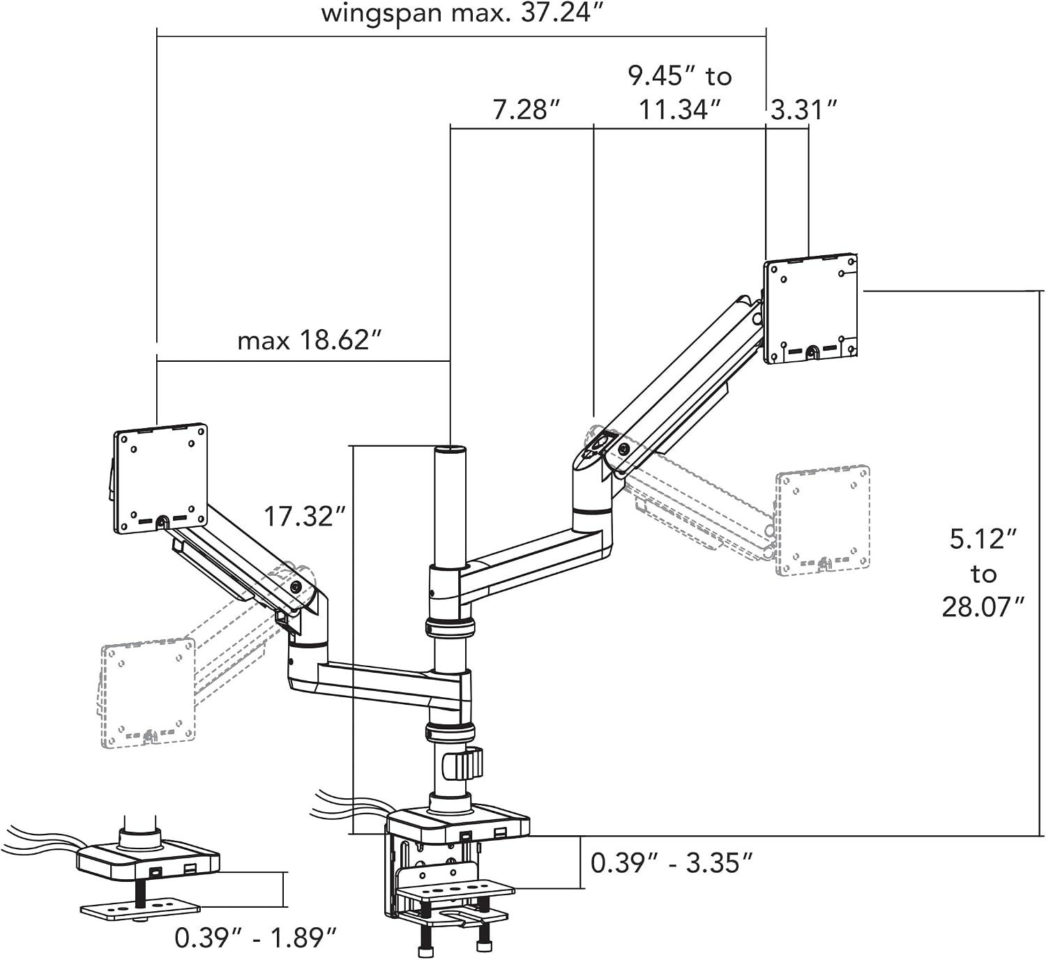 Mount-It! Proflex Series Stacking Dual Ultrawide Monitor Arm for 17–49' Screens, Height-Adjustable Pole, Heavy Duty Gas Spring, USB-C & USB 3.0, Full Motion, VESA 75/100, Clamp or Grommet