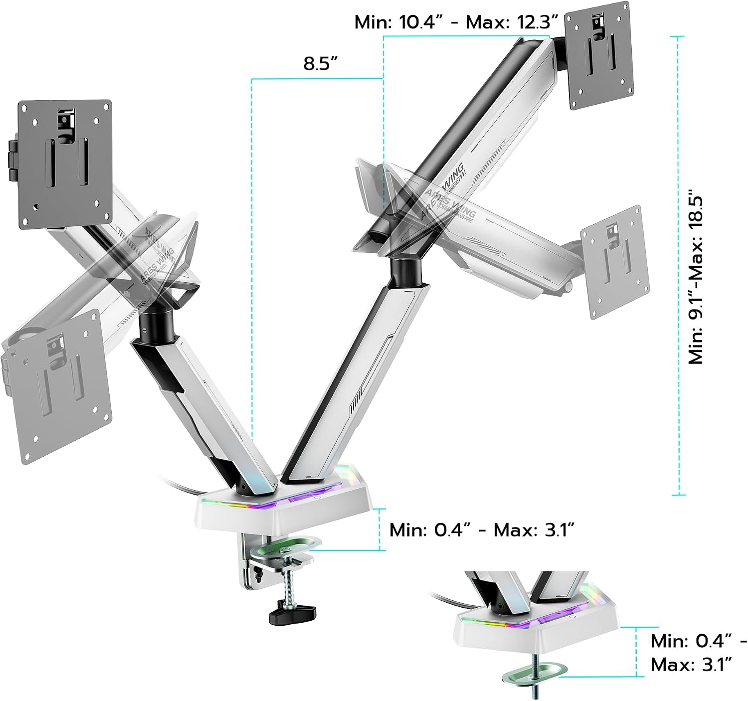 ARES WING RGB Dual Monitor Arm for 17-38' Ultrawide Screens, Holds 35.2lbs, Heavy Duty Dual Monitor Stand for Desk, Adjustable Double Monitor Mount with Clamp & Grommet Base, 75/100 VESA Mount, White
