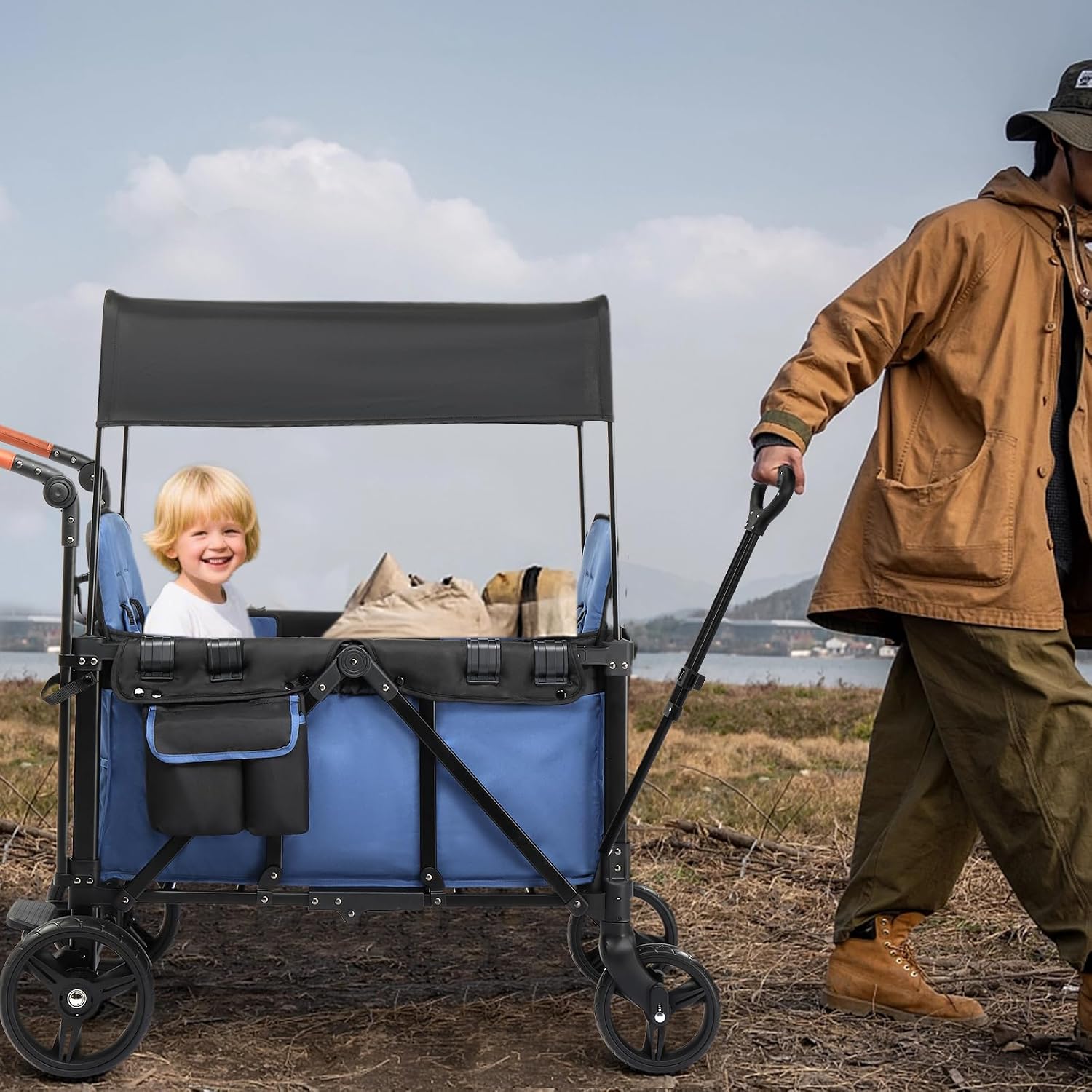 Wagon Stroller for 2 Kids, Foldable All-Terrain Wagon for Kids with Canopy, Adjustable Push and Pull Handles,Convertible High Seat & Organizer, 5 Point Harness (Blue)