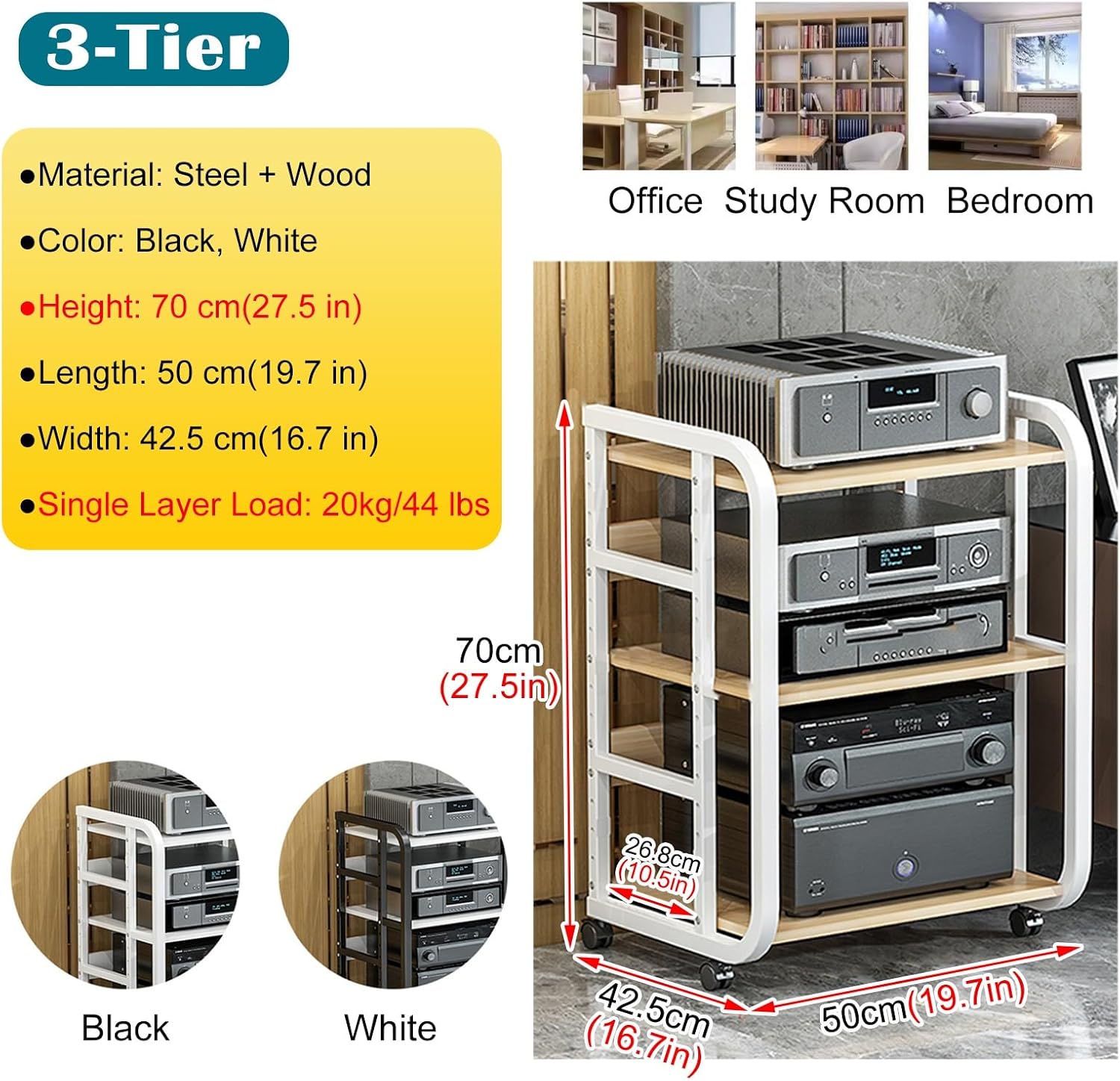 27 35 43 Inch Tall Stereo Stands 3/4/5 Shelf for Living Room, Media Audio Video Equipment Rack with 360° Swivel Wheel, Heavy Duty Record Players Turntable Cabinet(70cm (27.5in) - 3 Tier)