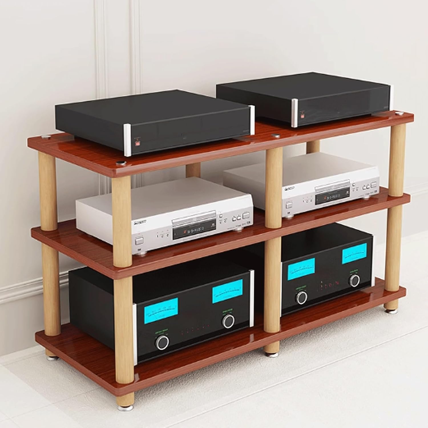 Audio Storage Rack, Audio Rack Stand, Audio Rack Tower, AV Media Stand Made of Engineered Wood+Solid Wood for Home Theater 2 Sizes 4 Colors(Brown,3 Layer)