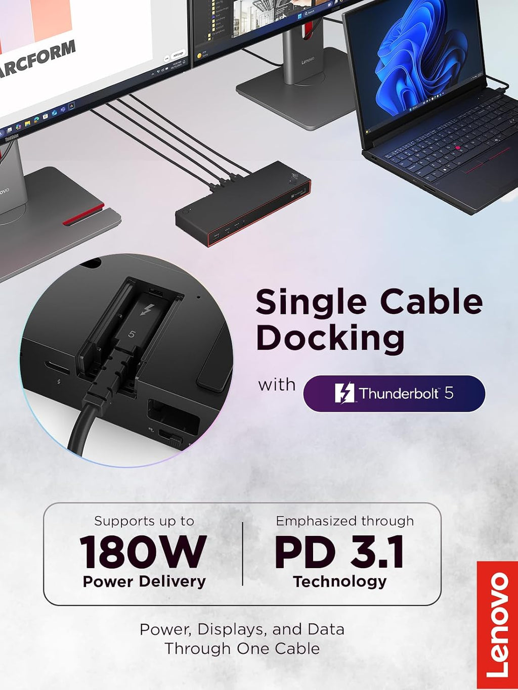 Lenovo ThinkPad Thunderbolt 5 Smart Dock 7500, 120Gbps Data Transfer, 180W Power Delivery, Multiple Display Support, 2.5Gbps Ethernet, Black