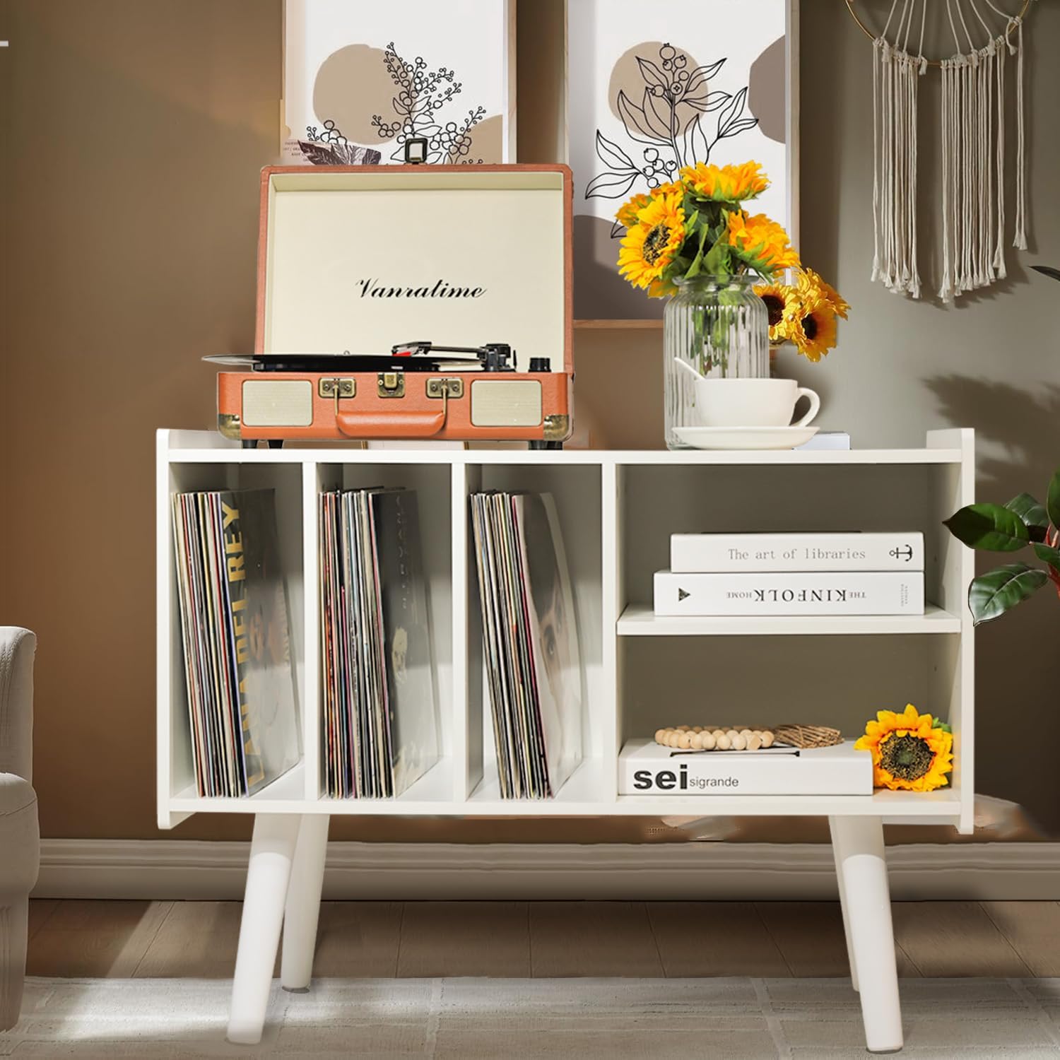 Record Player Stand with Vinyl Storage Holds Up to 300lb, Large Record Player Table Cabinet for Album Storage with Holder Vinyl Display Shelf, Wood Turntable Stand for Bedroom Living Room (White)