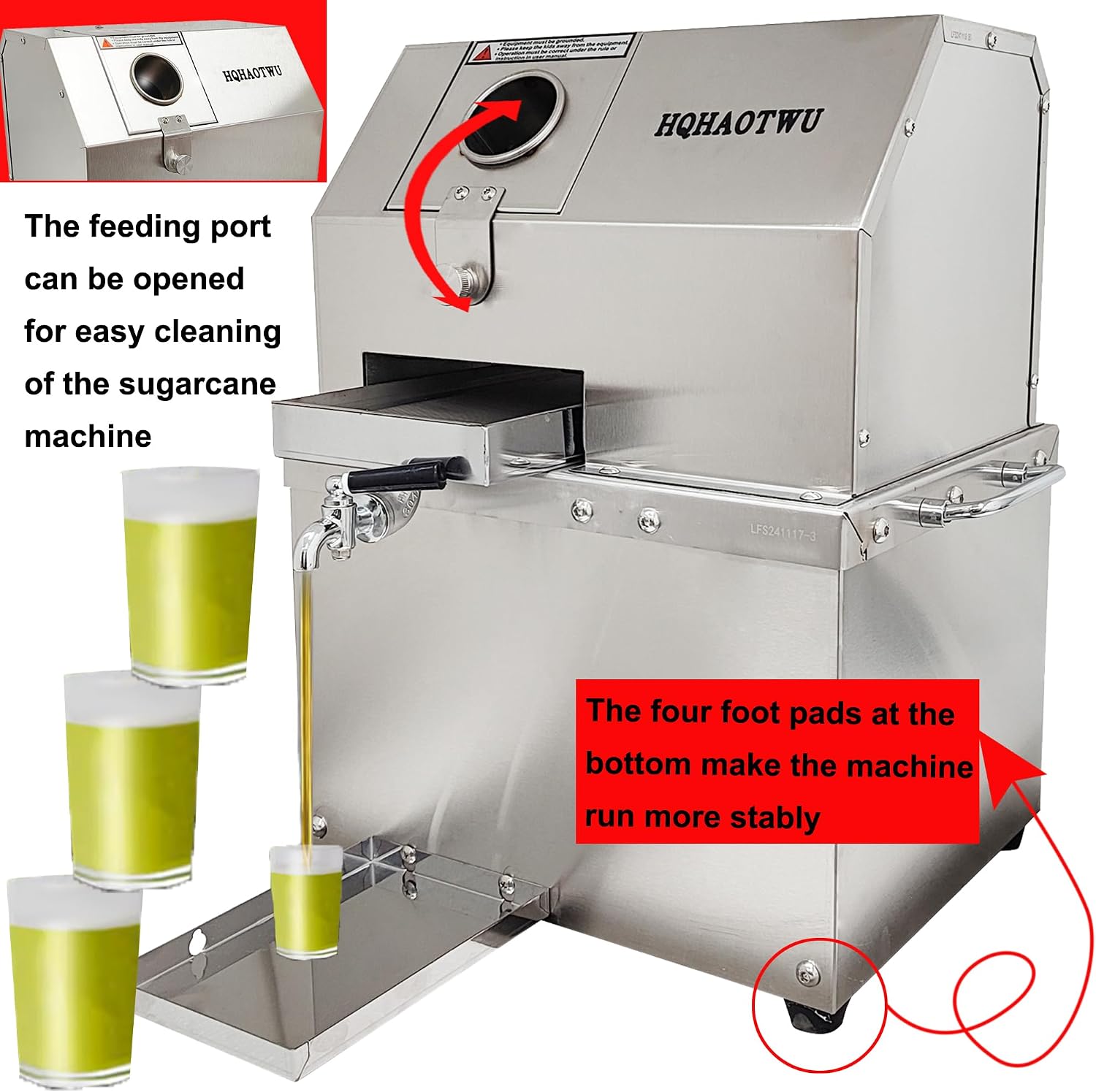 Sugarcane Juicer Electric Sugarcane Press Desktop Sugarcane Ginger Sorghum Stalk Press Sugarcane Juice Extractor 3 Stainless Steel Rollers Juice Press Machine 300Kg/H with 2 Knives 110V