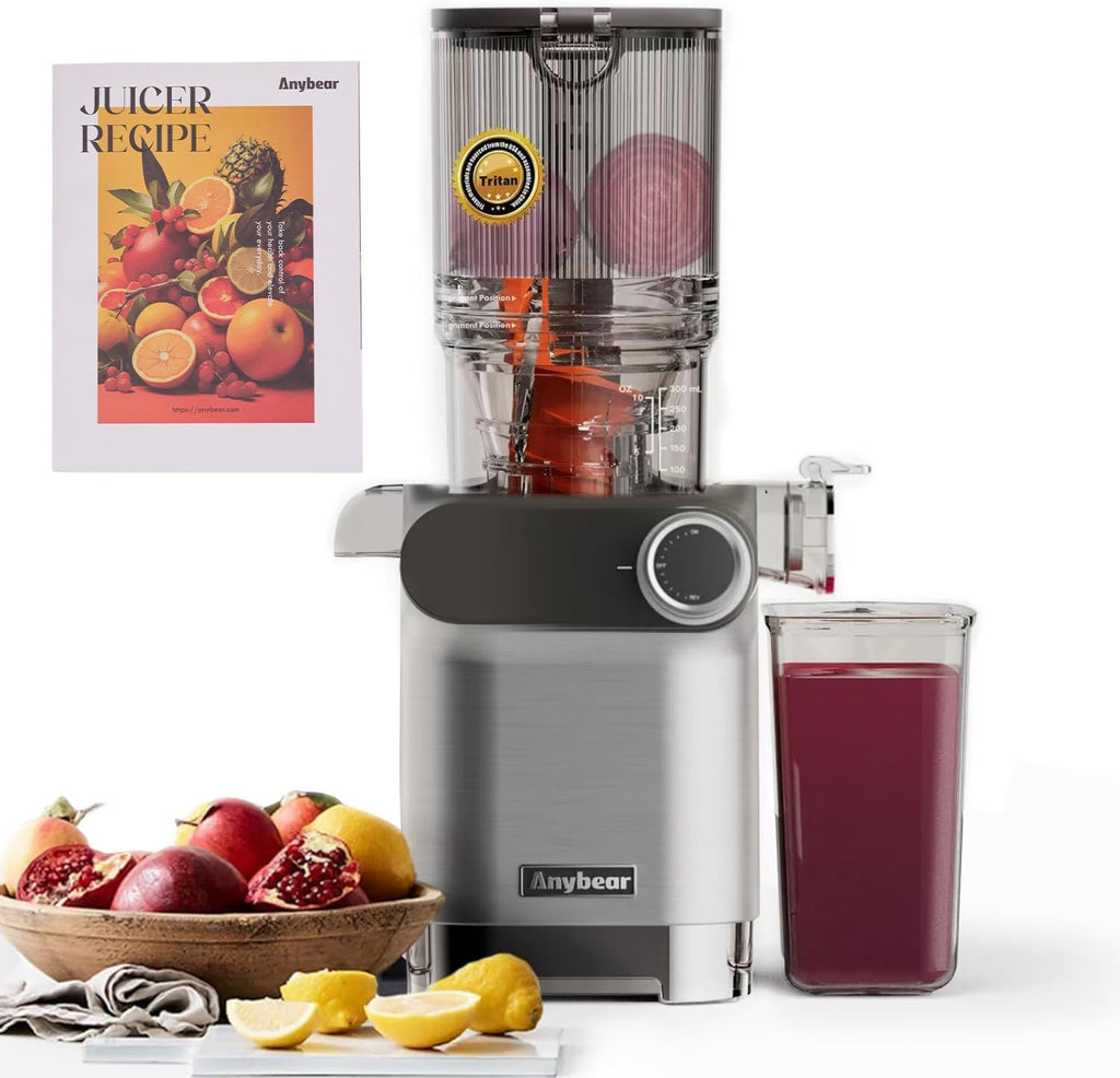 Anybear Cold Press Juicer, 200W Masticating Slow Juicer 4.3' Large Feed Chute Fit Whole Fruits Vegetables | Upgraded Auger | Tritan Material | BPA Free | Juice Recipes (Light Gray)