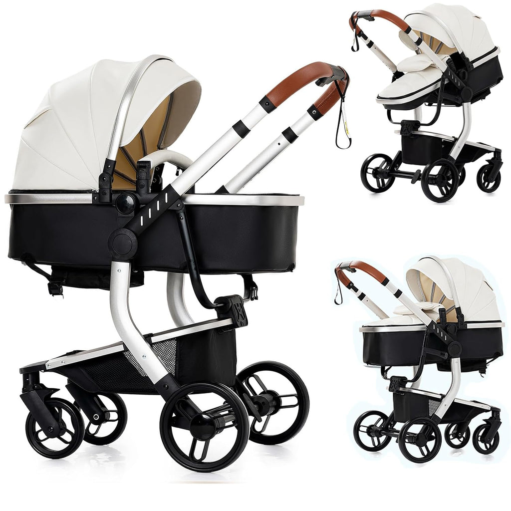 PU Leather 2 in 1 Baby Stroller, Convertible Pram, Reversible Standard Stroller, Portable Buggy, Infant Carriage, Foldable High Landscape Pushchair Toddler Newborn (2US518-White)